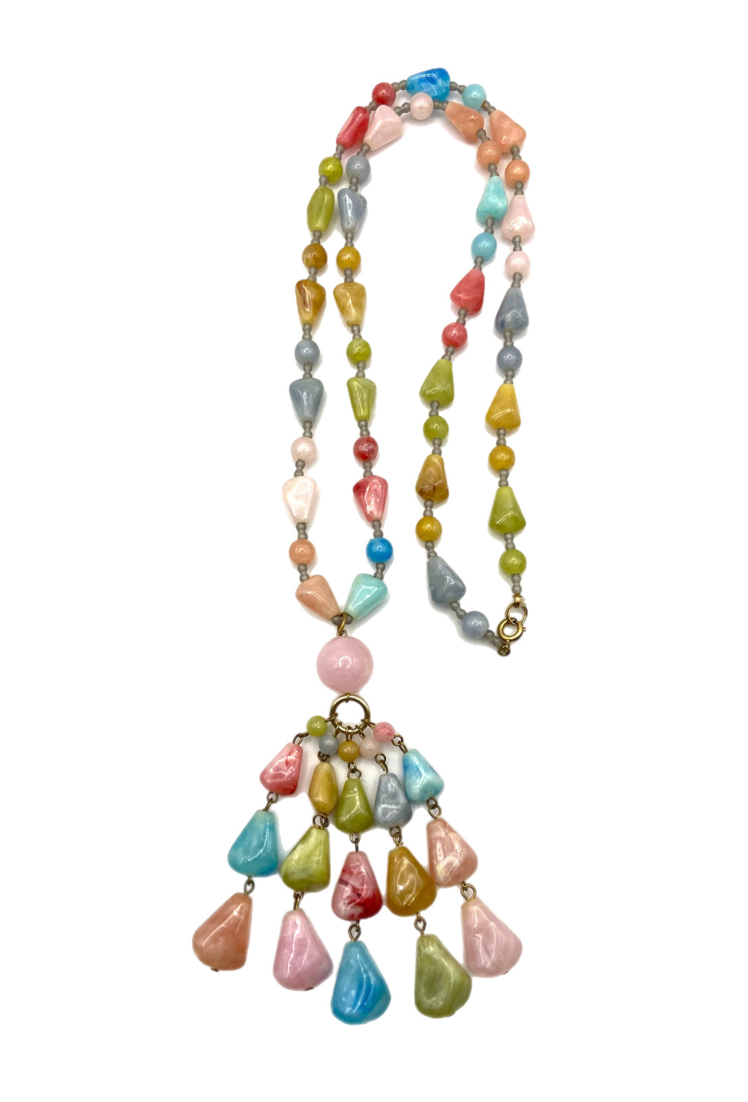 Vintage Chunky Pastel Multi-Color Beaded Tassel Pendant Necklace Plastic 30″