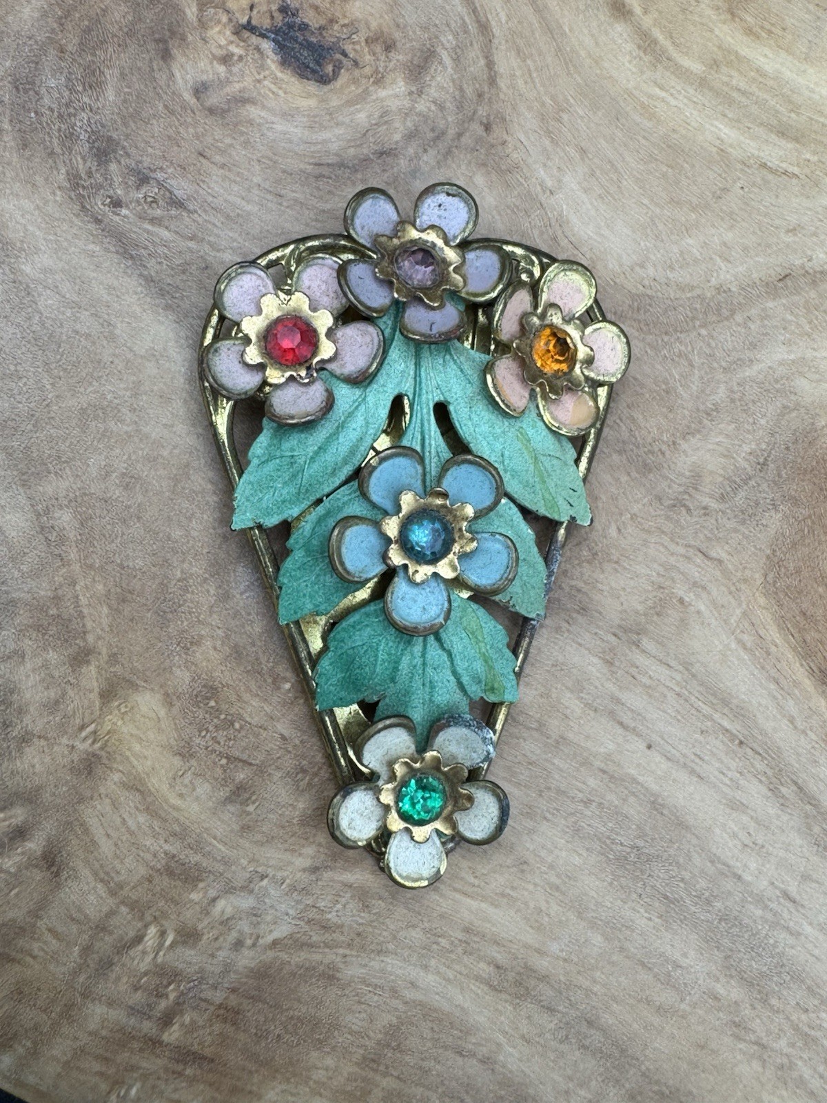Vtg Heart Brooch Enamel Flowers Leaves Rhinestones Gold Tone