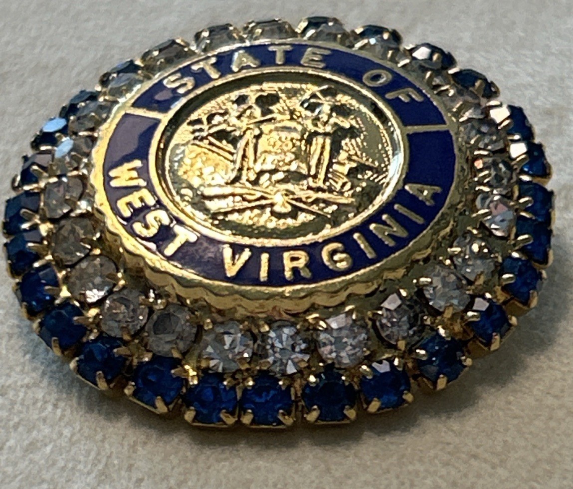 Vintage West Virginia State Seal Souvenir Pin Blue White Rhinestone Brooch 50’s