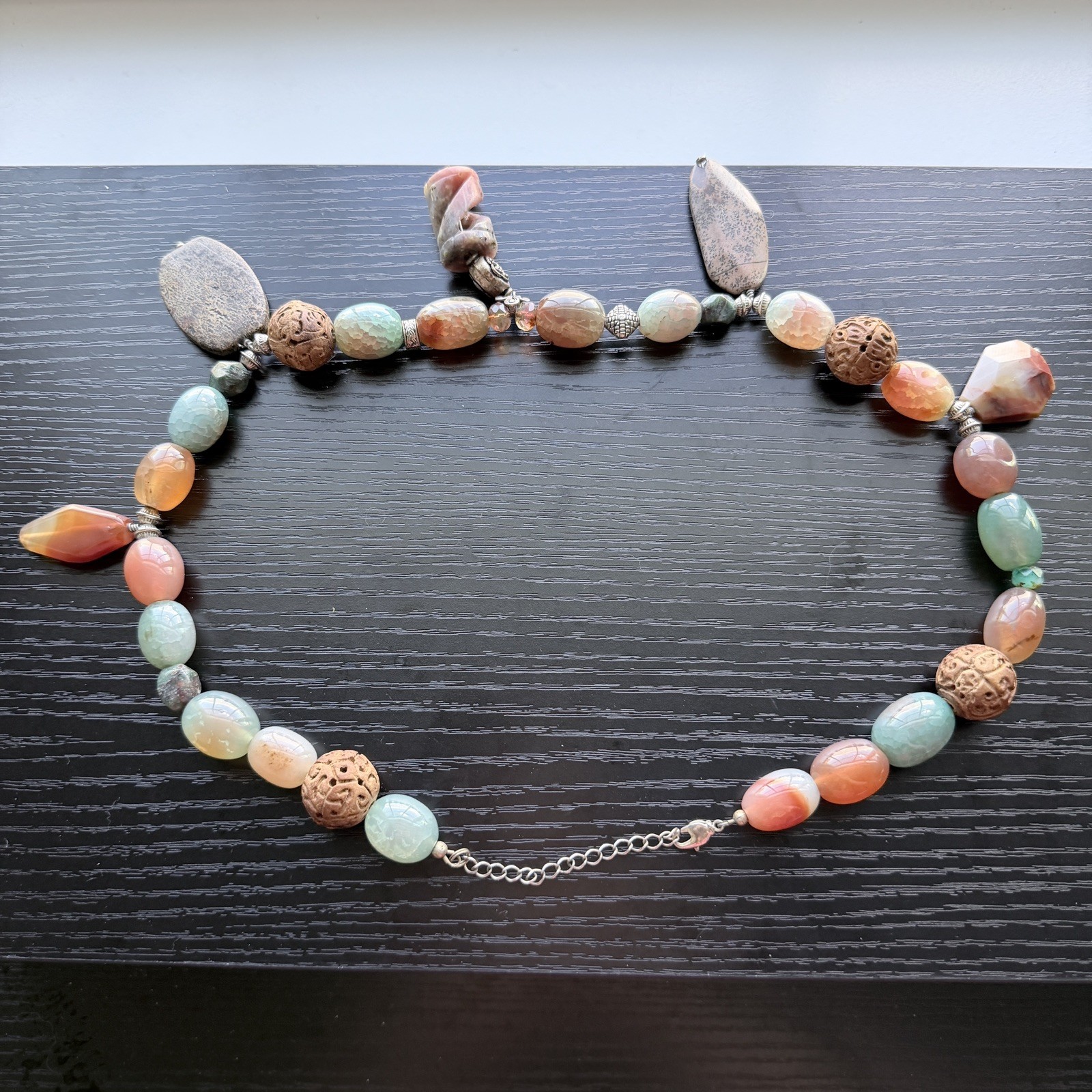 Multiple Large Stones and Wood Beads with Sterling Accents and Clasp Necklace
