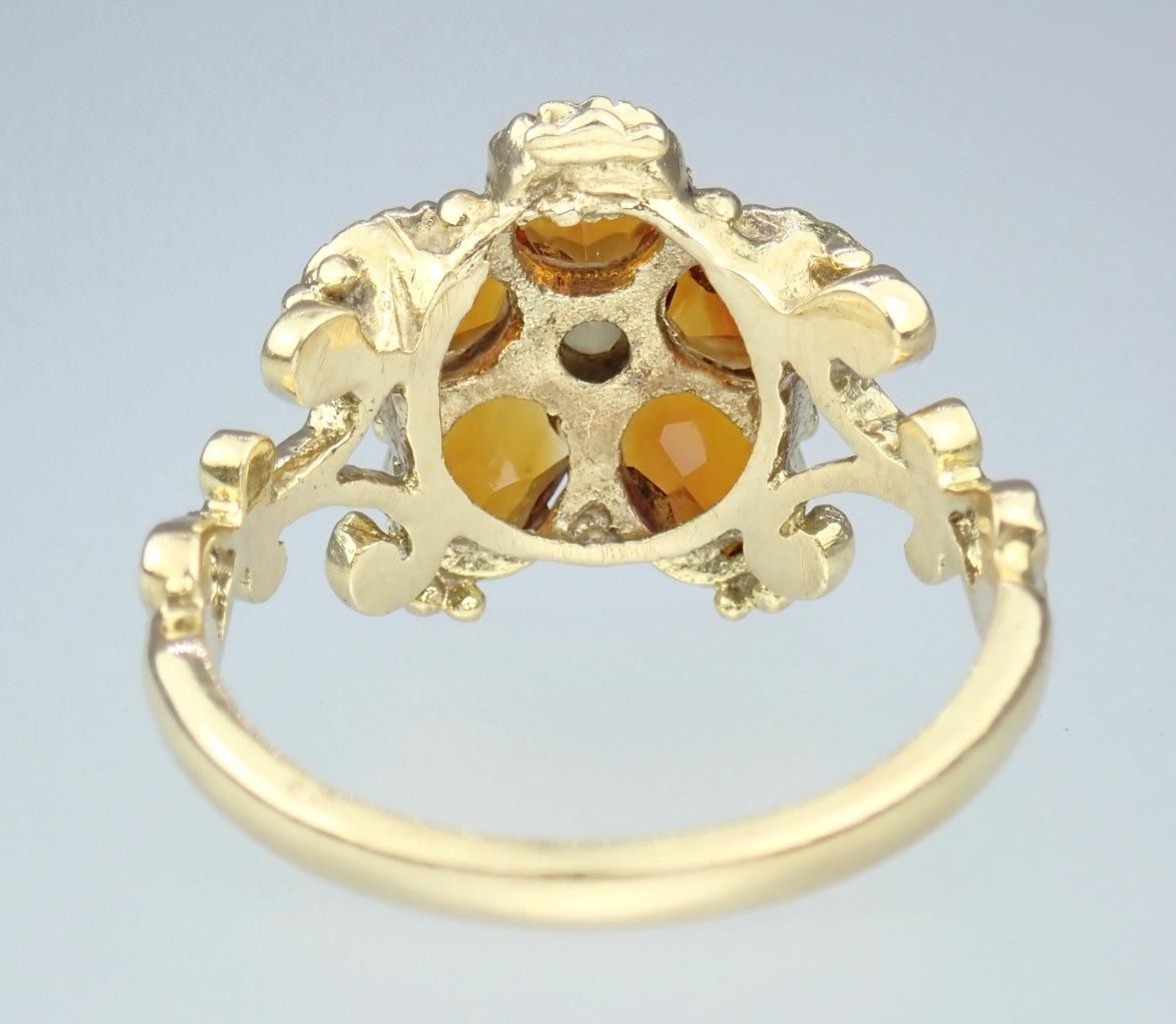 Pretty Vintage Solid 9K Gold Madeira Citrine Pearl Floral Scroll Ring 1971 7.25