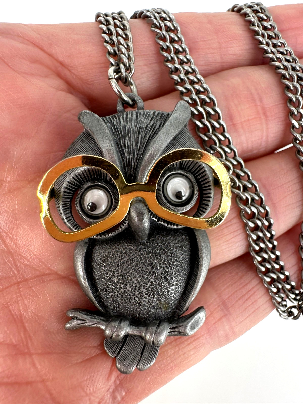 Vintage FAB Pewter Tone Googly Eyed Owl With Movable Eyeglasses Pendant Necklace