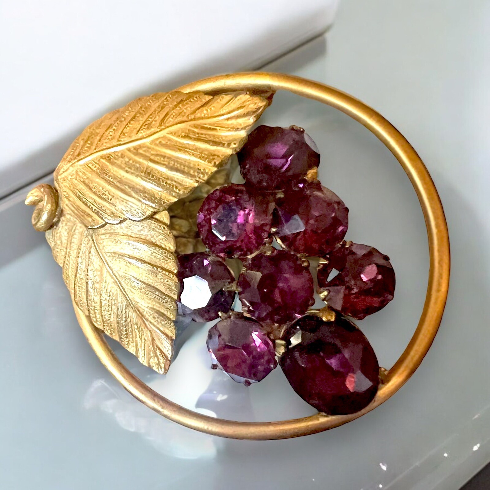 Purple Rhinestone Brooch Gold Tone Grape Cluster Vintage Fruit Pin