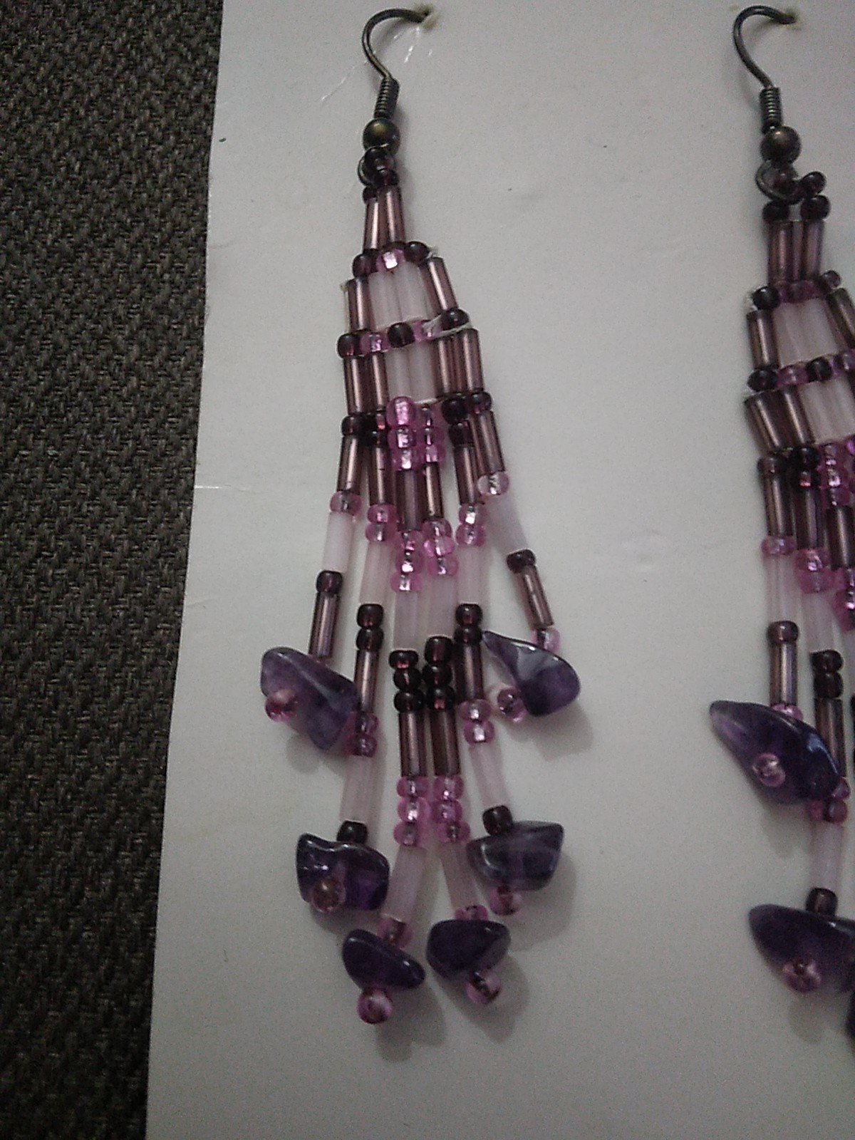 Vintage Dangle Seed Bead Beaded Earrings Long Purple Pink White 3.25″Long
