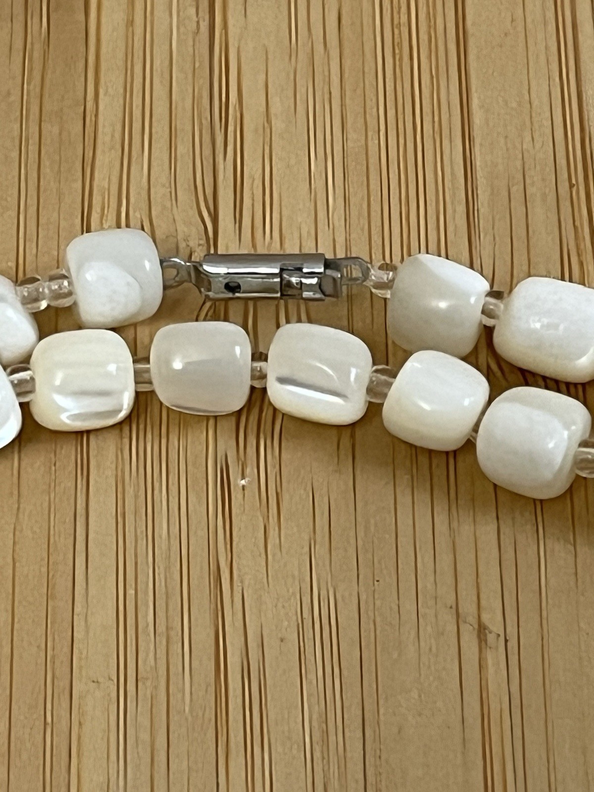 VTG Mother of Pearl Nacre Balamuti & Glass Seed Beads Necklace Barrel Clasp 44″