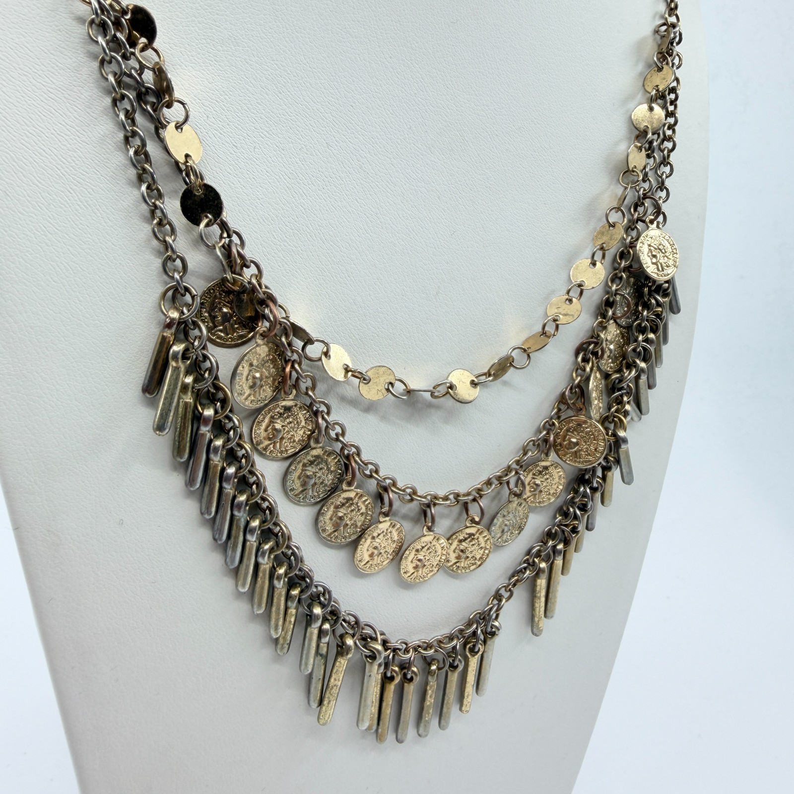 VTG Antique Gold Tone Multi Strand Coin Fringe Layered Statement BIB Necklace