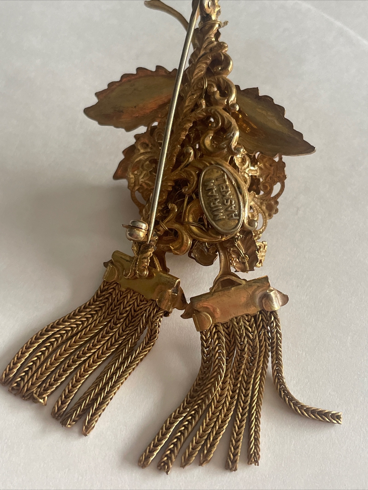 Vintage Signed Miriam Haskell Dangling Tassels GoldTone Brooch S04