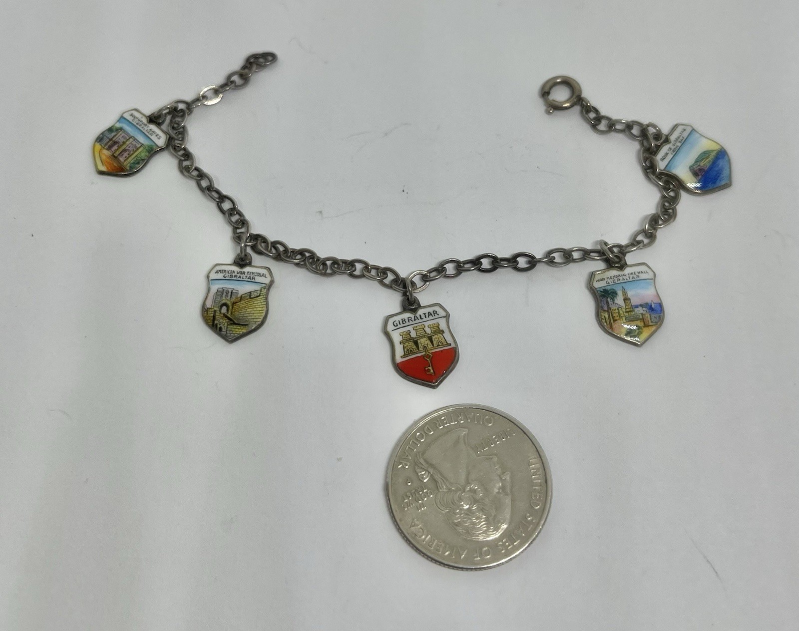 Vintage MCM GIBRALTAR Travel Souvenir 5 Shield Sterling Charm Bracelet 7 1/4”