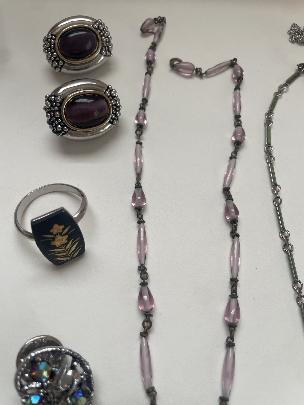 Art Deco Vintage Cameo Amethyst Jewlrey Lot Glass Beaded Necklace Ring Brooch