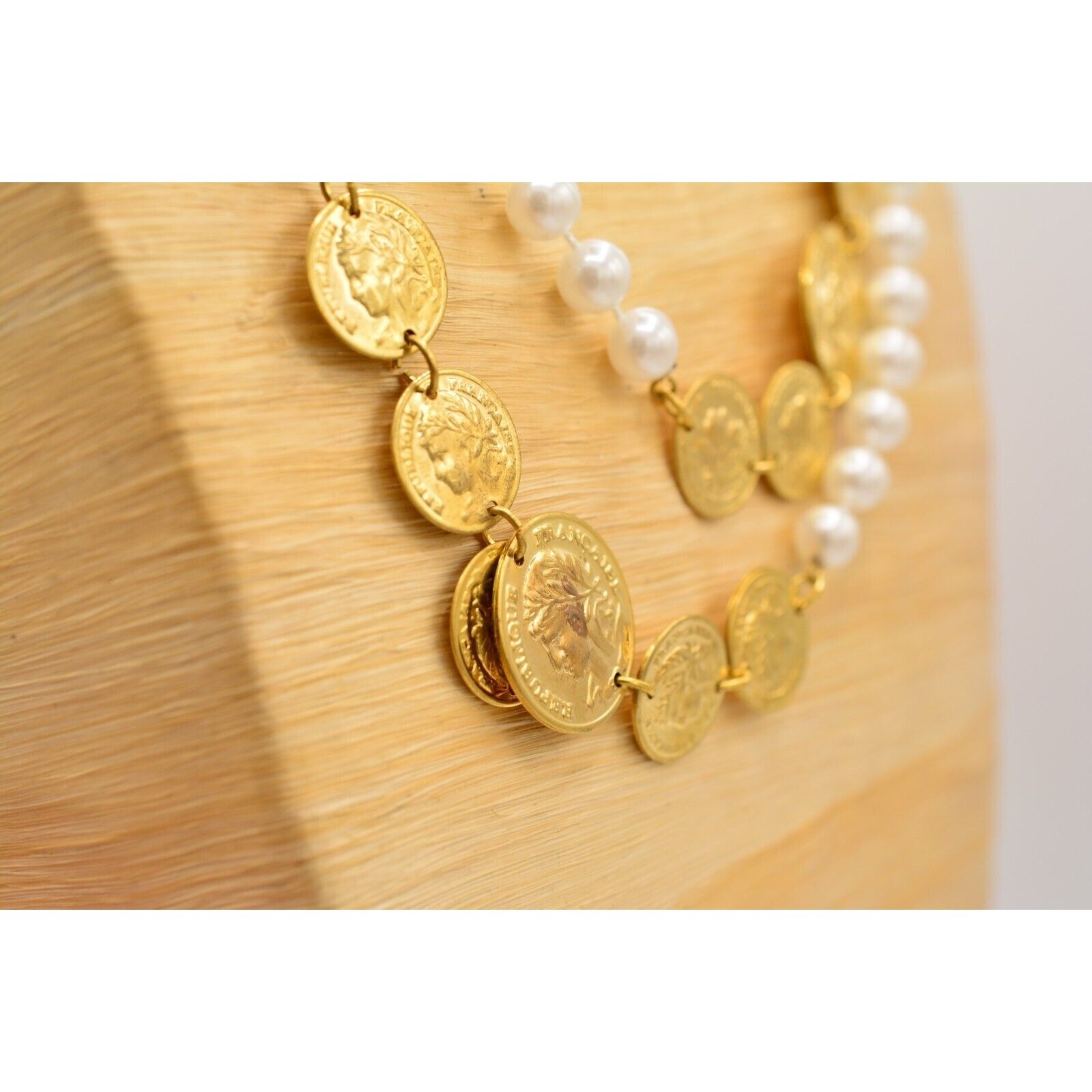 Vintage Pearl Coin Station Necklace Gold Linked White Beaded NOS 1990s BinA12