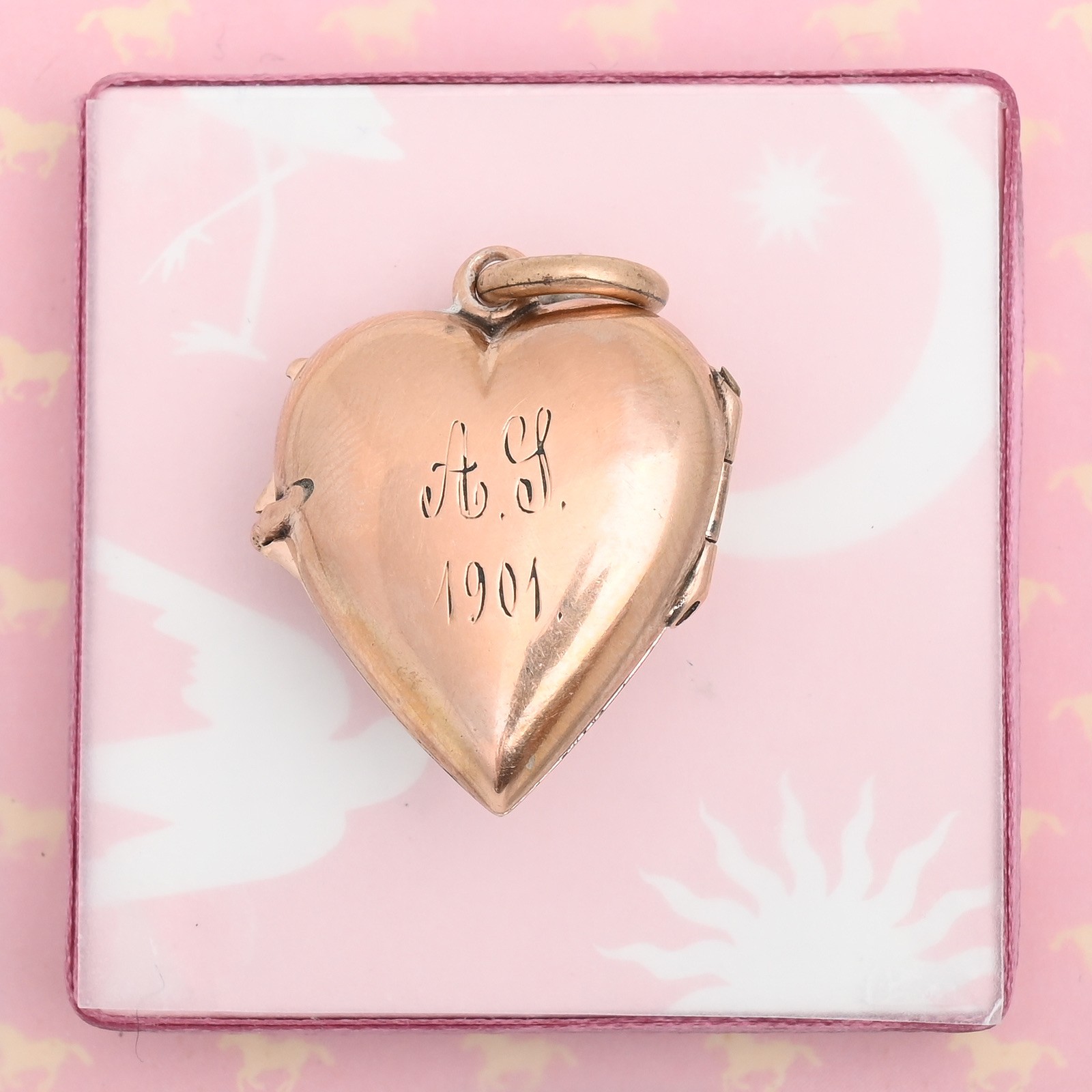 Antique Victorian Rose Gold Filled HEART CLOVER Paste Puffy Charm Pendant Locket