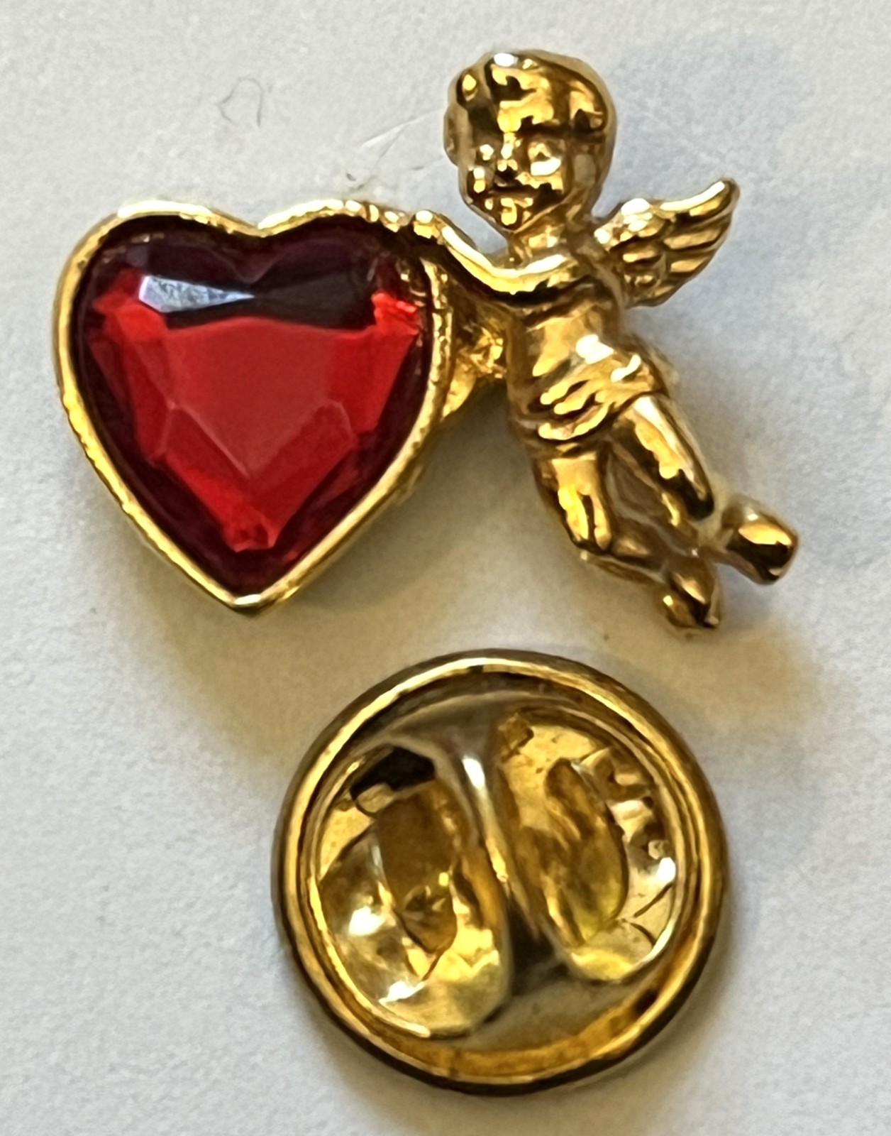 AVON Signed Huge Red Heart, Shiny Gold-tone Guardian Angel Brooch Pin.