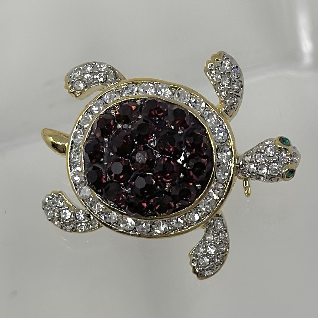 Vintage Gold Tone Turtle Purple White Green Eyes Rhinestone Brooch Pin