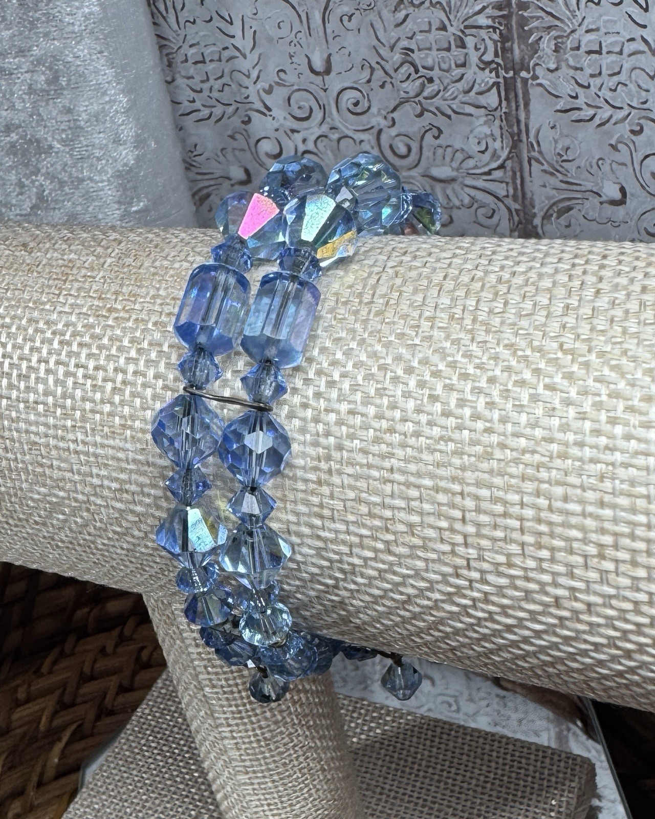 Vintage Blue Faceted Glass Bead Multi-Strand Wrap Bracelet