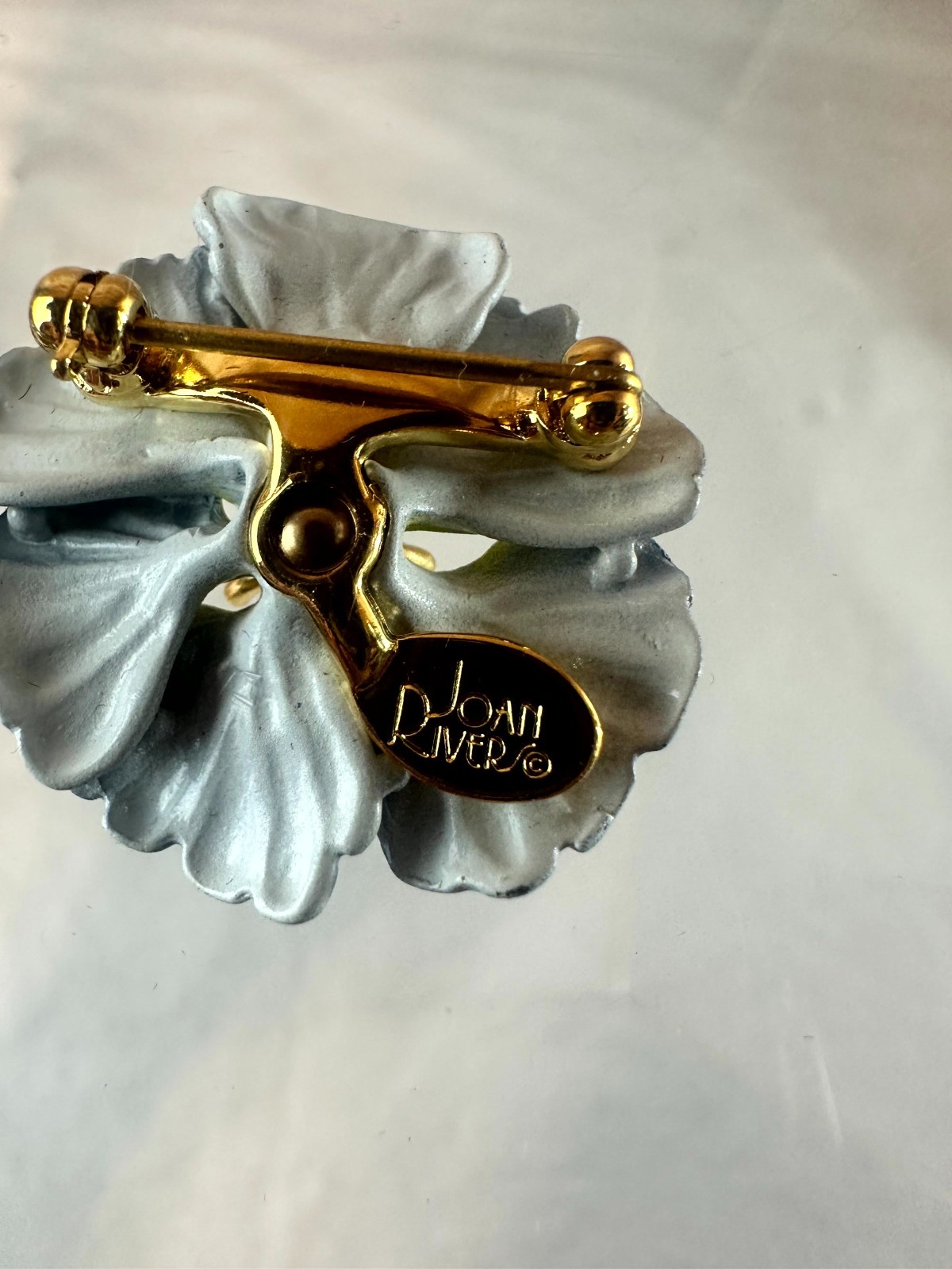 Joan Rivers Periwinkle Pansy Flower Brooches Blue & White Enamel Petals Pair