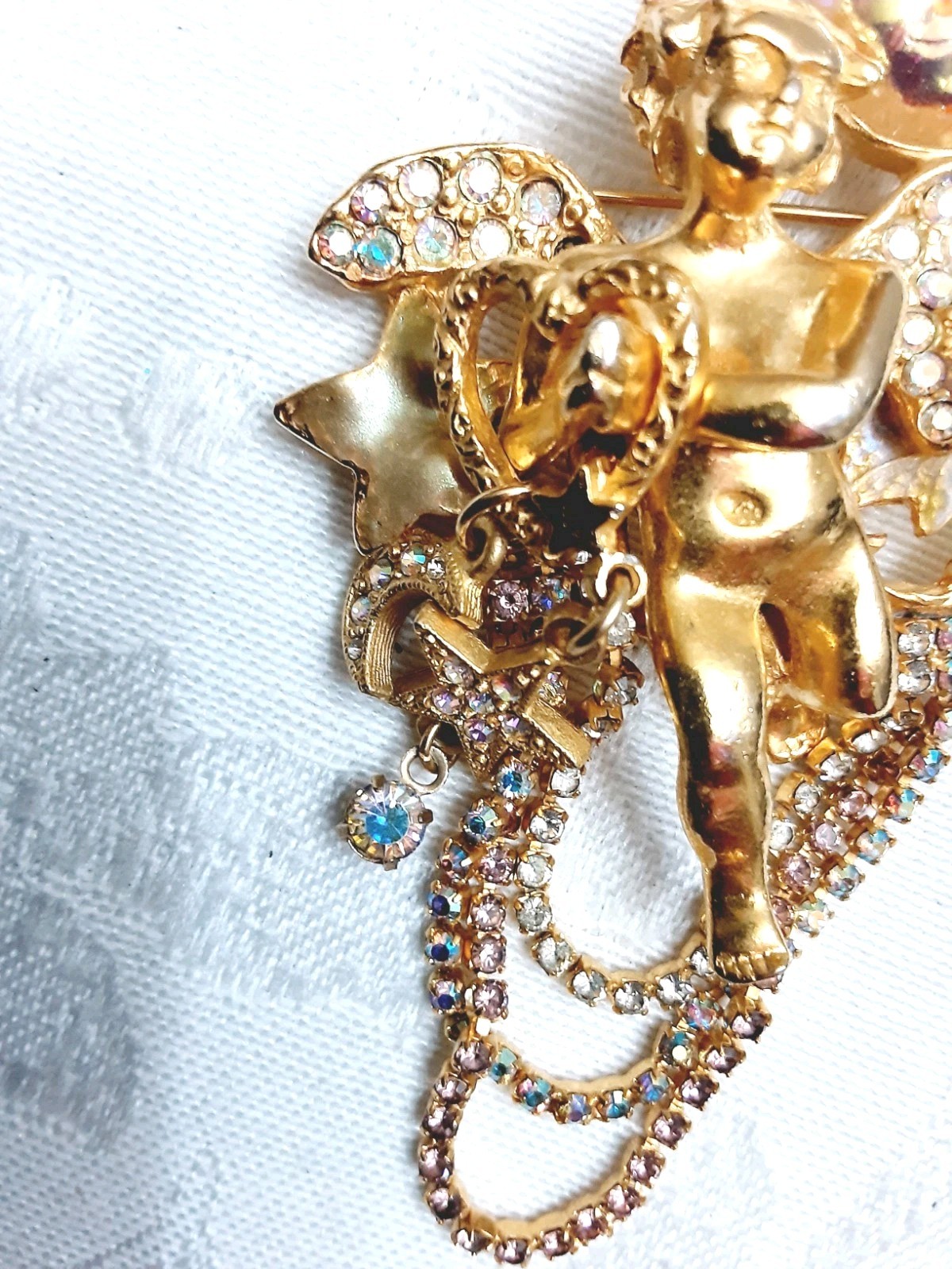 Kirks Folly Brooch Pin Seaview Angel Moon Cupid Cherub Rhinestones Gold Tone Vtg