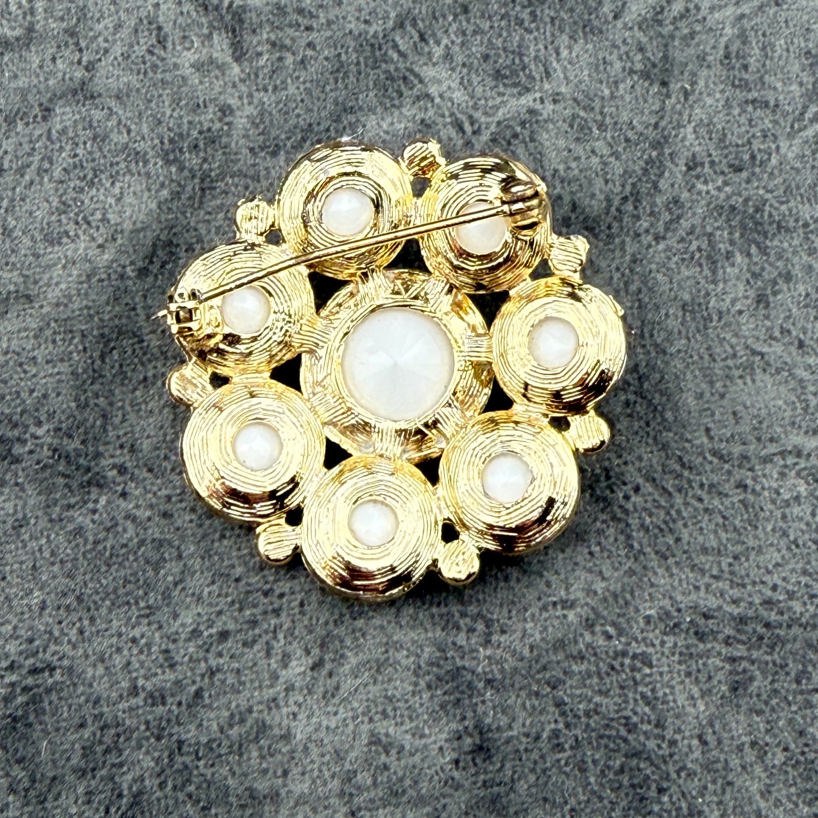 Vintage Brooch Rivoli Rhinestones AB Gold-tone Cluster Round Rainbow Green 1.75″