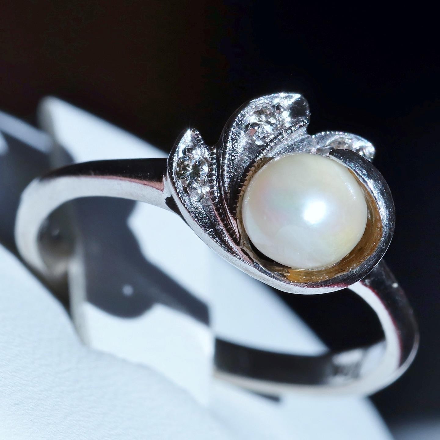10k white gold size 6.75 ring 5.3mm cultured pearl natural diamond antique 2.28g