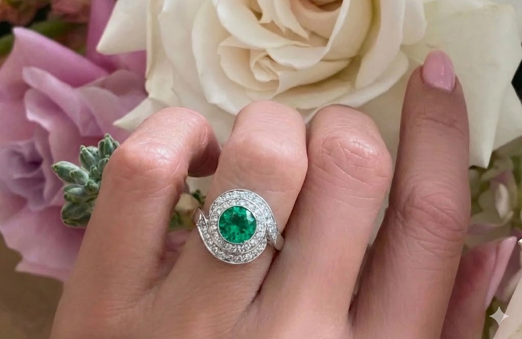 VINTAGE PLATINUM RING 1.52CT. NATURAL GREEN EMERALD ROUND SHAPE CIRC 1940’S