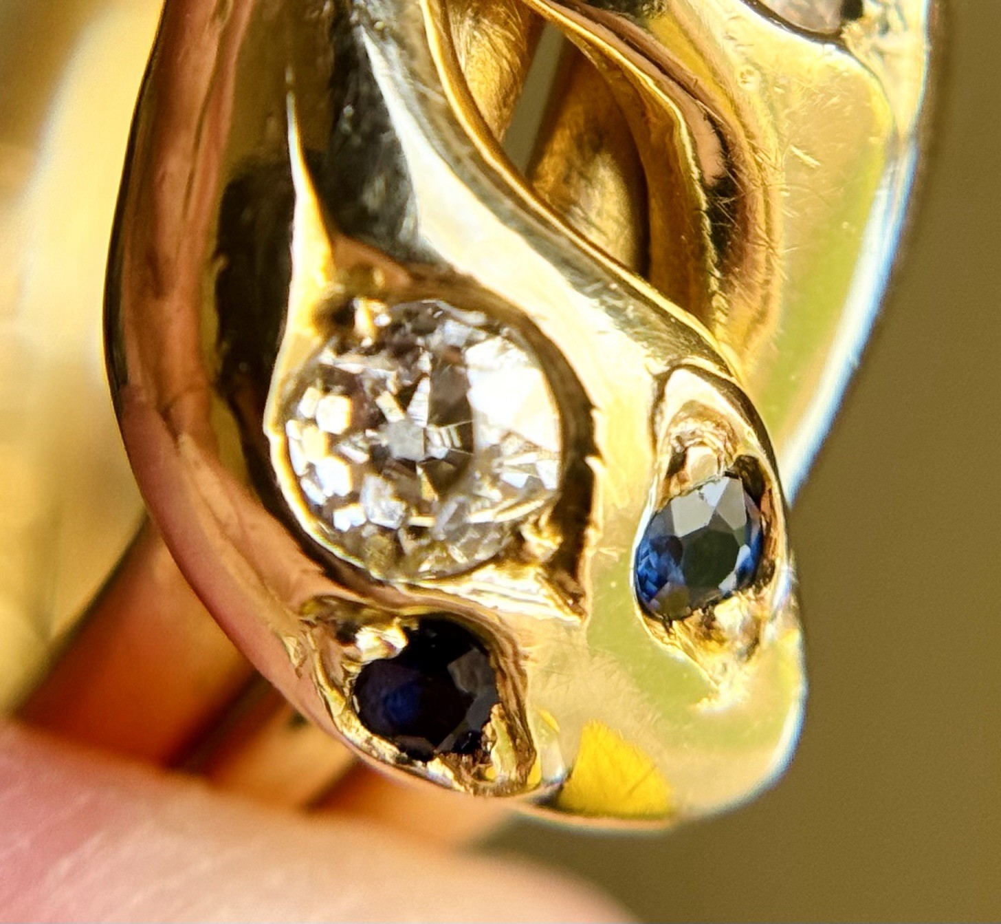Antique Victorian 18K Gold Diamond Sapphire Emerald Double Snake Ring Sz 7.75 8g
