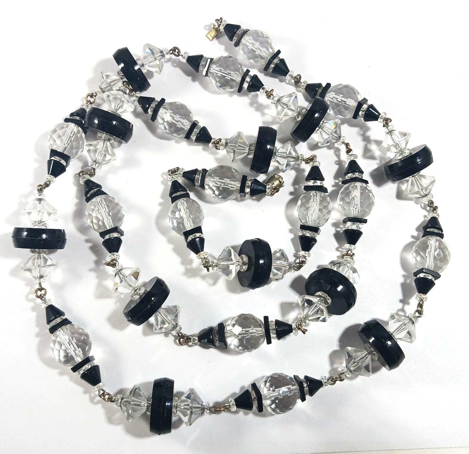 Art Deco Black & Clear Crystal Glass Beaded Necklace ~ 40 Inches