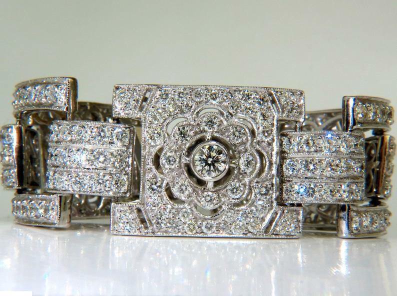 Magnificent 22.5CT Round White CZ Wide Cuff Link Art Deco Bracelet In 925 Silver