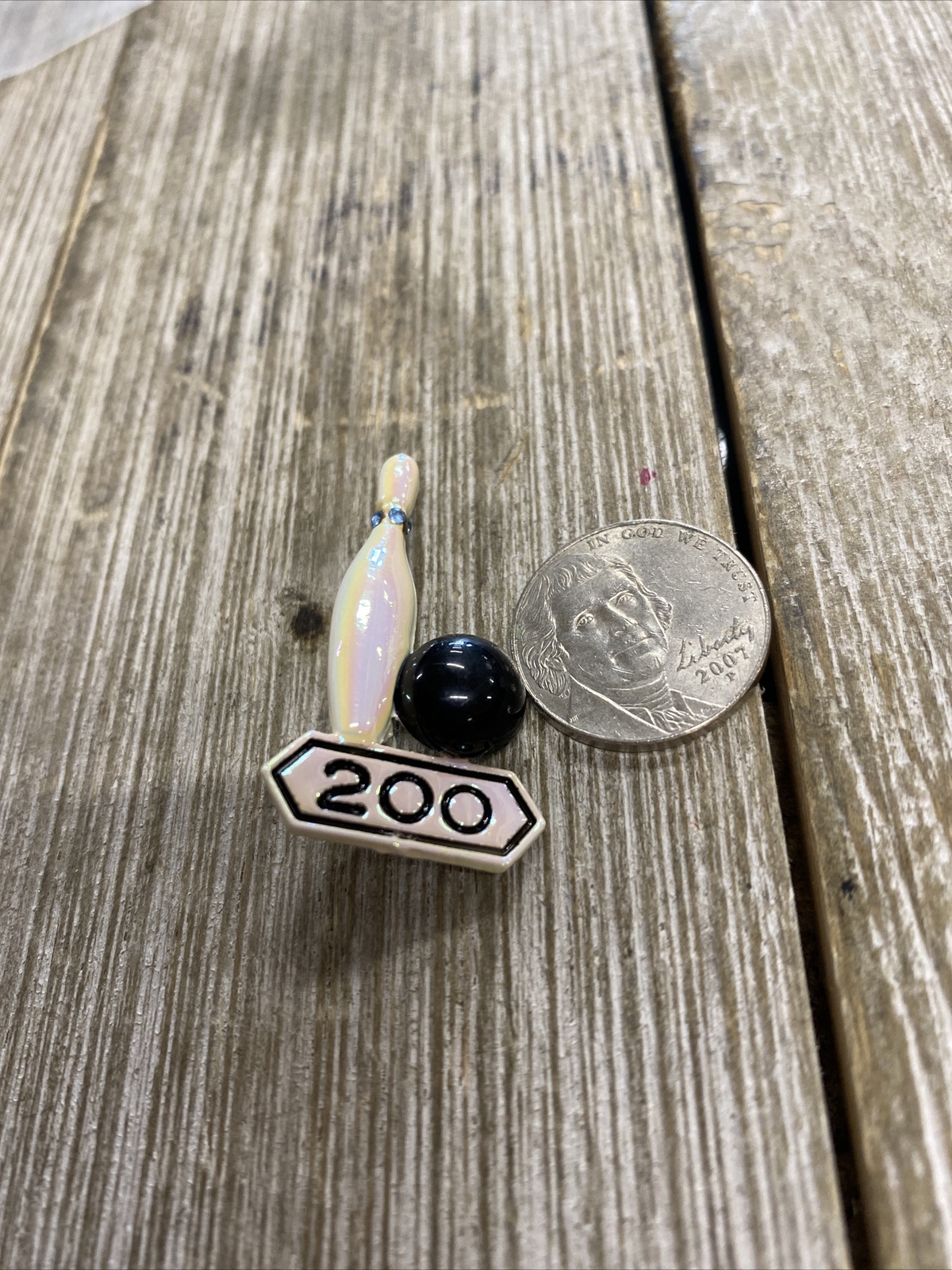 Vintage 200 Bowling Club Metal Pin w/ Iridescent Pearl AB Enamel Finish Brooch