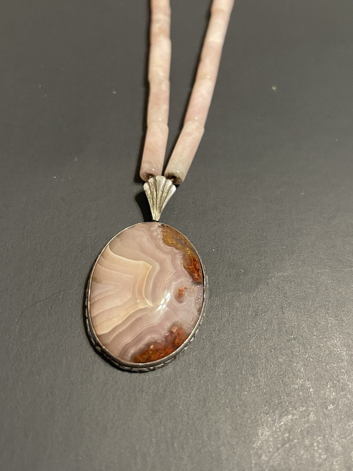 Vtg Rose Quartz Stone Necklace Pink Agate Pendant Sterling Silver Beaded