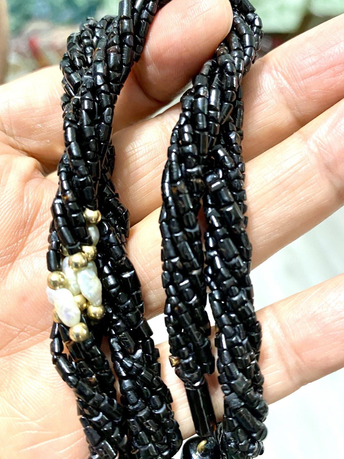 vintage genuine black coral Small elongated beads necklace Braided 6 Strands