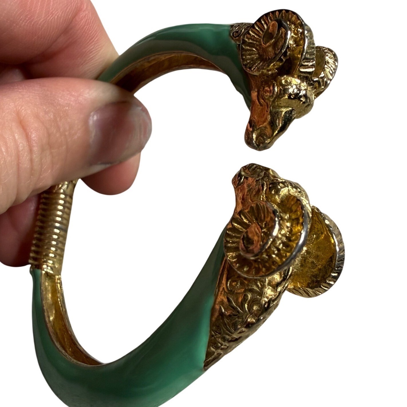 Vintage Donald Stannard Enamel Double Ram Head Hinge Bangle Bracelet