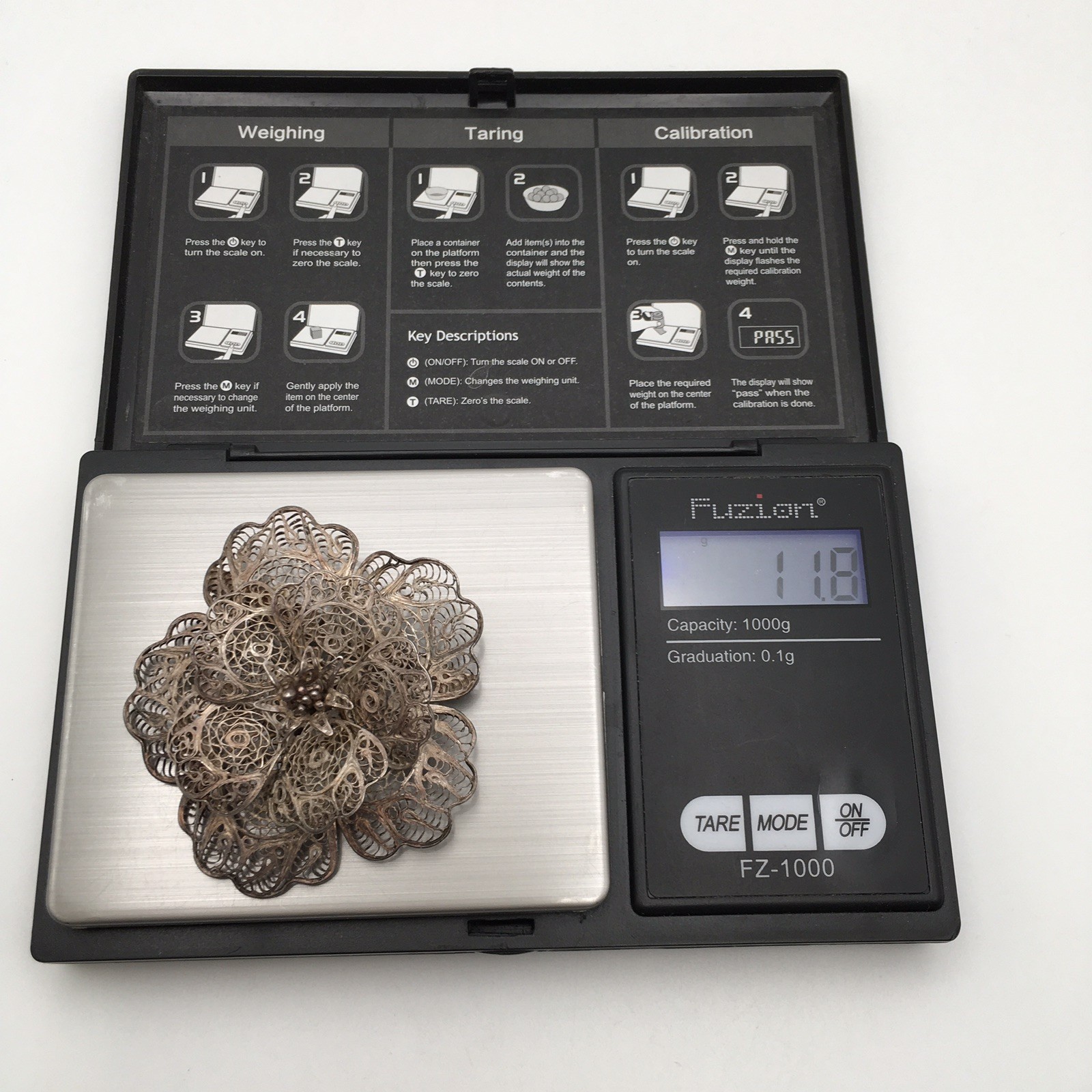 11.8g Vintage Sterling Silver Filigree Flower Pin Brooch Marked CMS Mex 925 #68