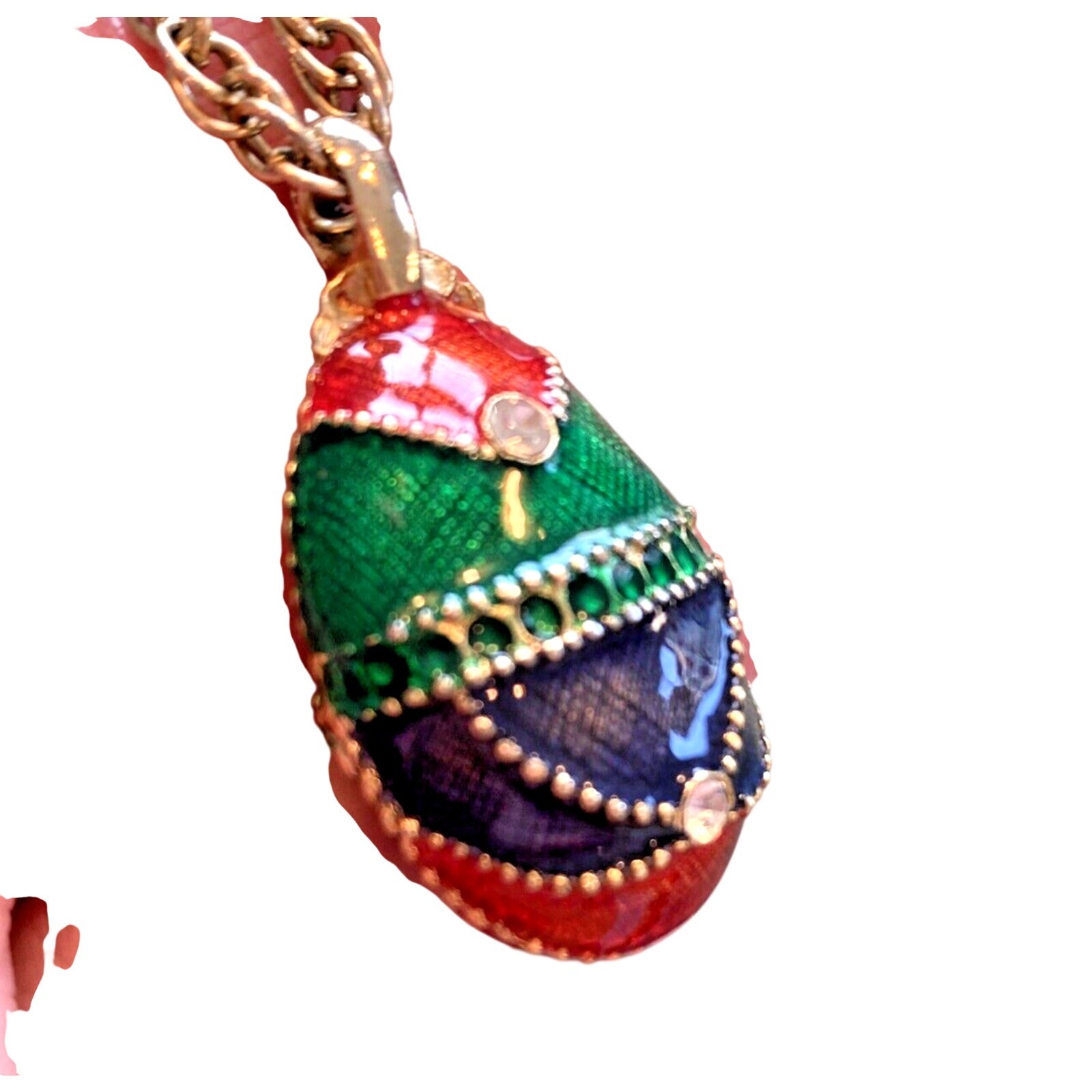 Vintage Chain Necklace Egg Shaped Pendant Unique Gold & Colored Enamel Finish