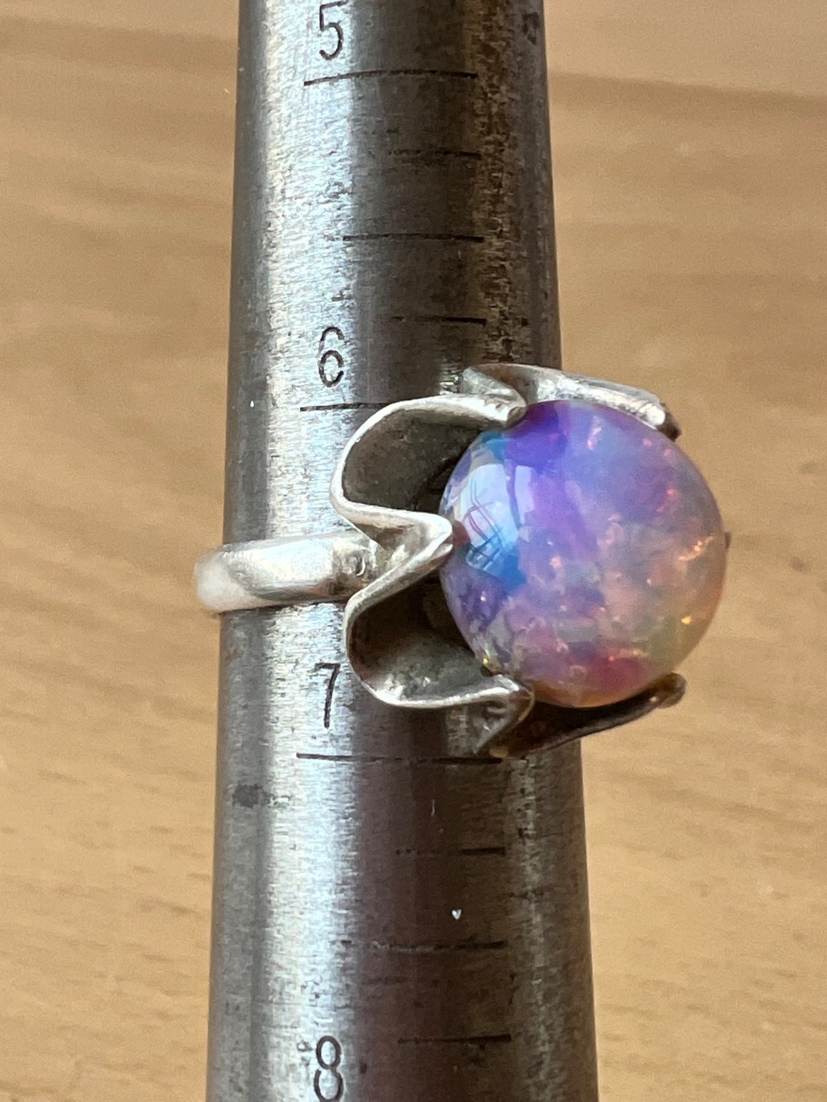 VINTAGE LARGE ROUND CABOCHON FAUX RAINBOW OPAL RING 925 STERLING SLVER MEXICO