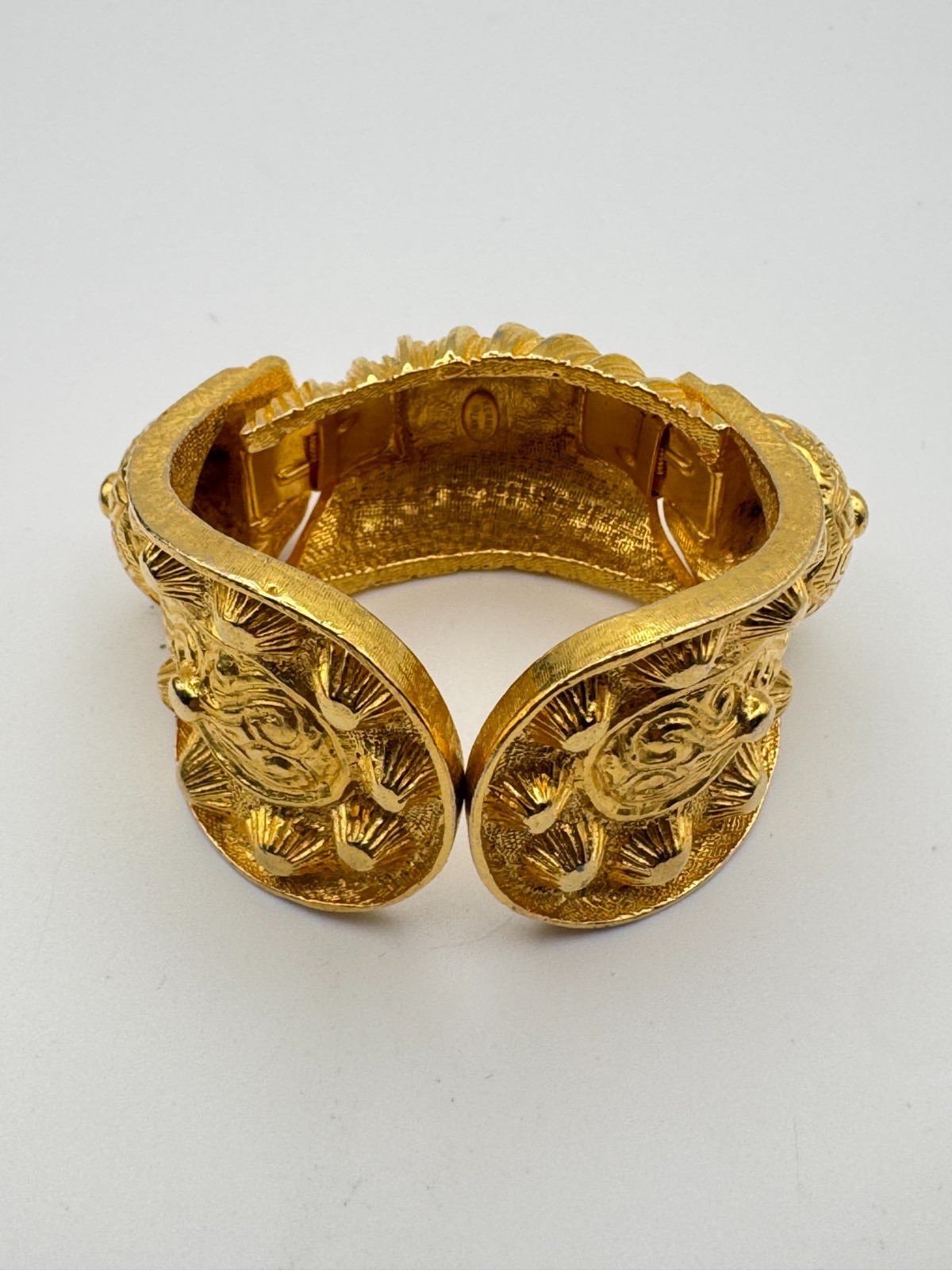 Vintage Kenneth Lane Clamper 1960s Etruscan Bracelet Gold Plated Heavy Cuff KJL