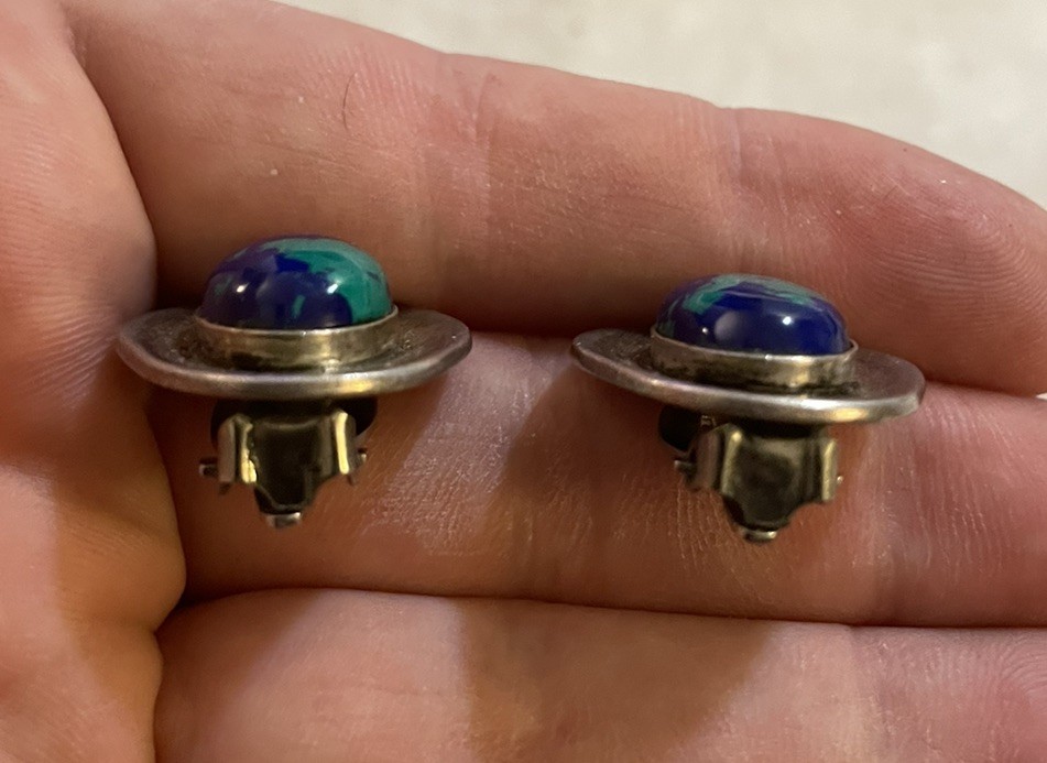 Vintage Sterling Azurite Heavy Clip On Earrings Mexico 925 TH-97 *See Pics/Notes