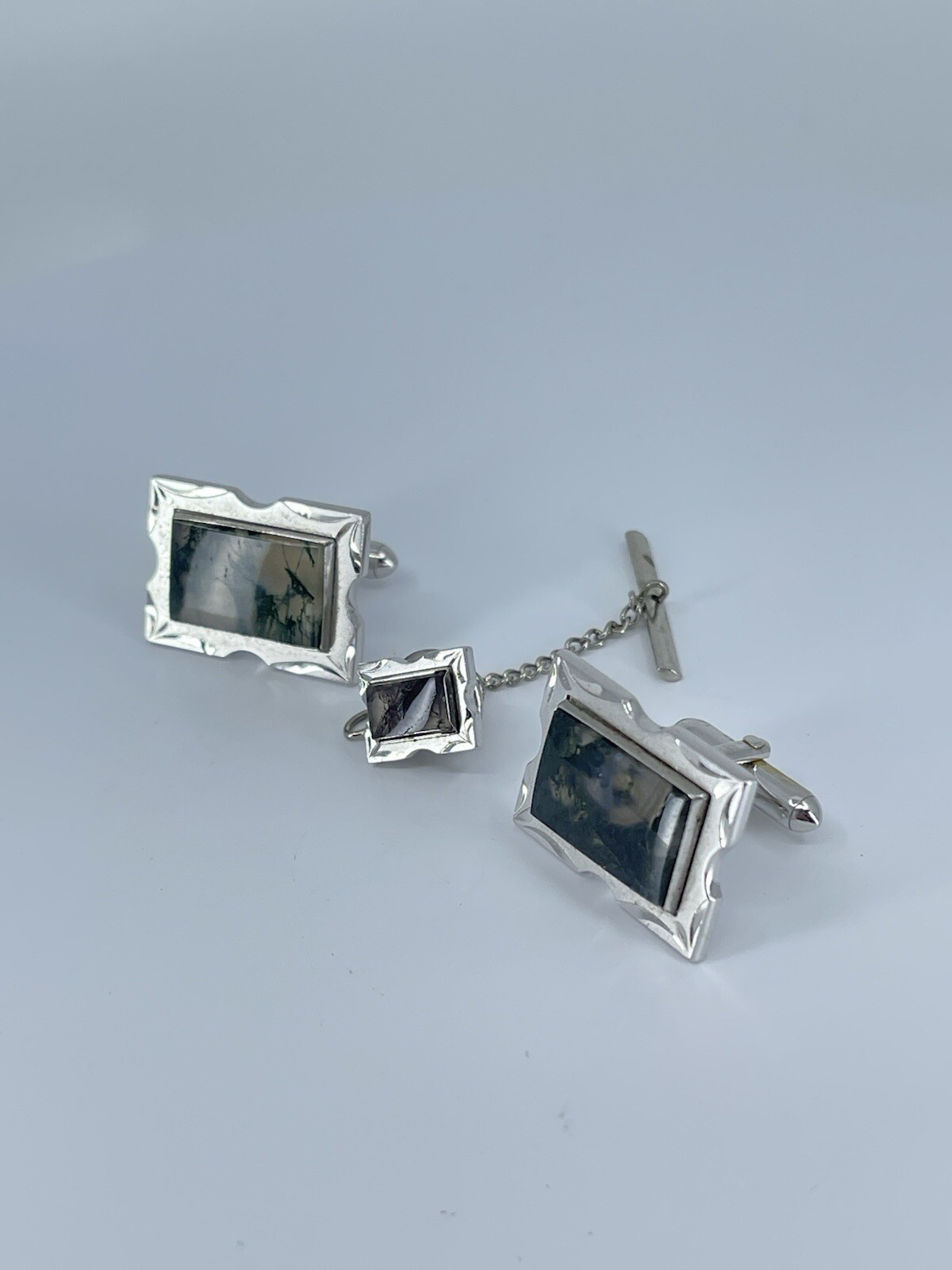 Swank Cufflink and Tie Tack set Jadeite rectangle silver tone 3/4″