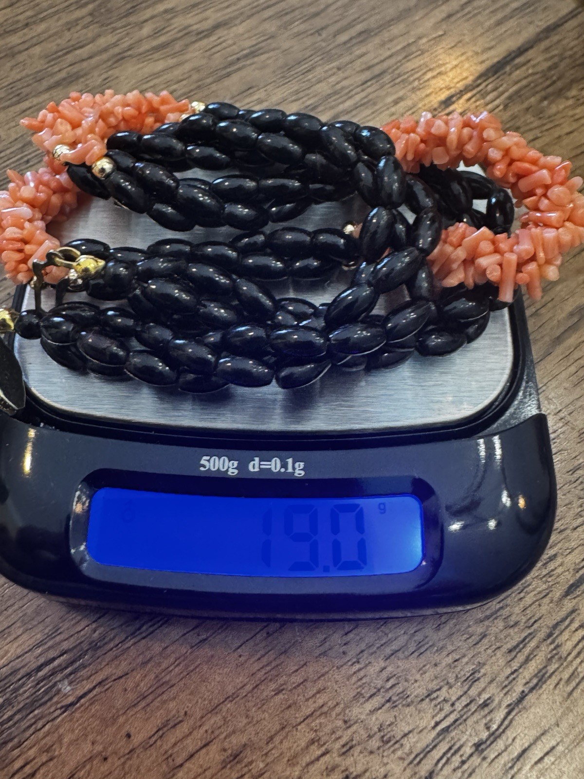 Rare Vintage Genuine Black Coral Yusr & Salmon Pink Coral Chip Torsade Necklace