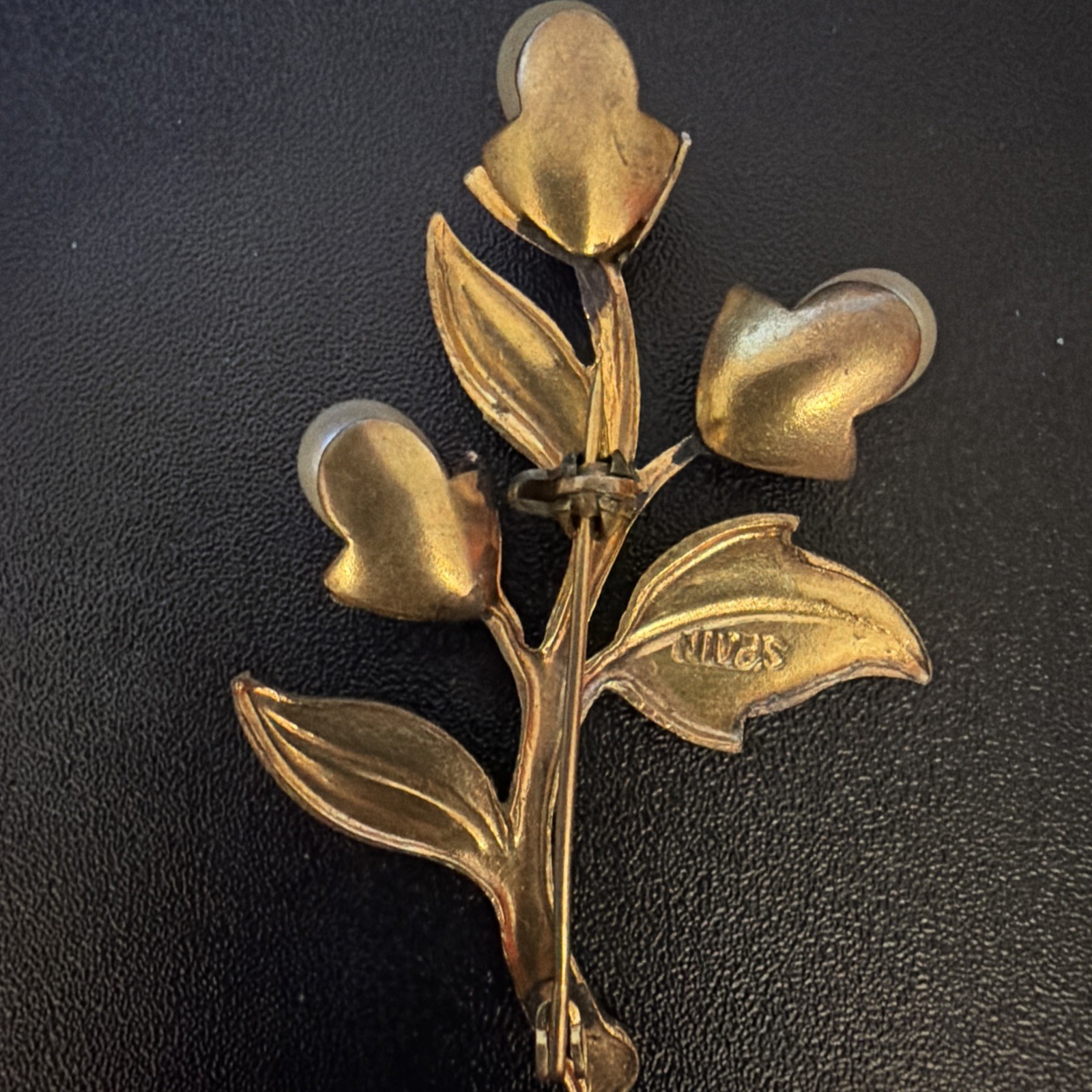 Damascene Brooch Faux Pearl Flower Bouquet Floral Vintage Spanish Estate Pin