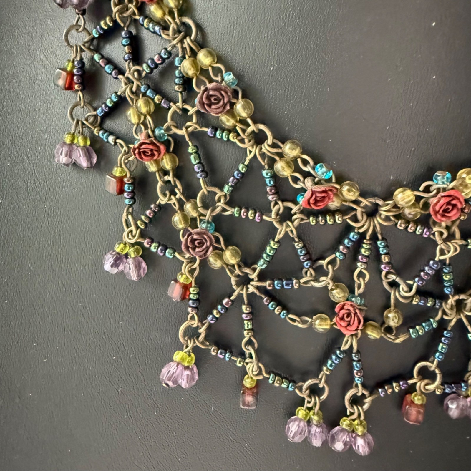 Vintage Bib Necklace Wire Hand Beaded Flower Artisan Victorian style Boho 15-17