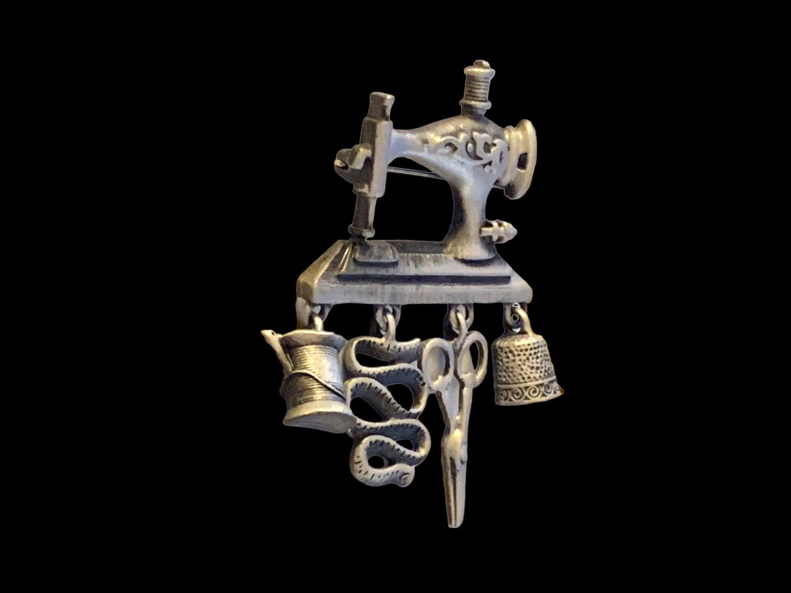 AJC Sewing Machine Pewter Silvertone Brooch Thread Scissor Thimble Tape Measure