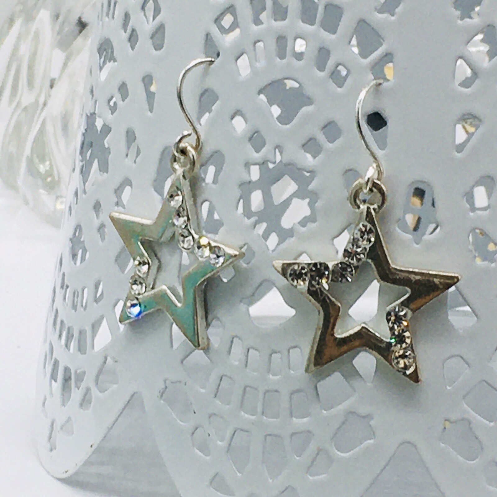 Silver Tone Star Rhinestone Dangle Earrings Approx .9″