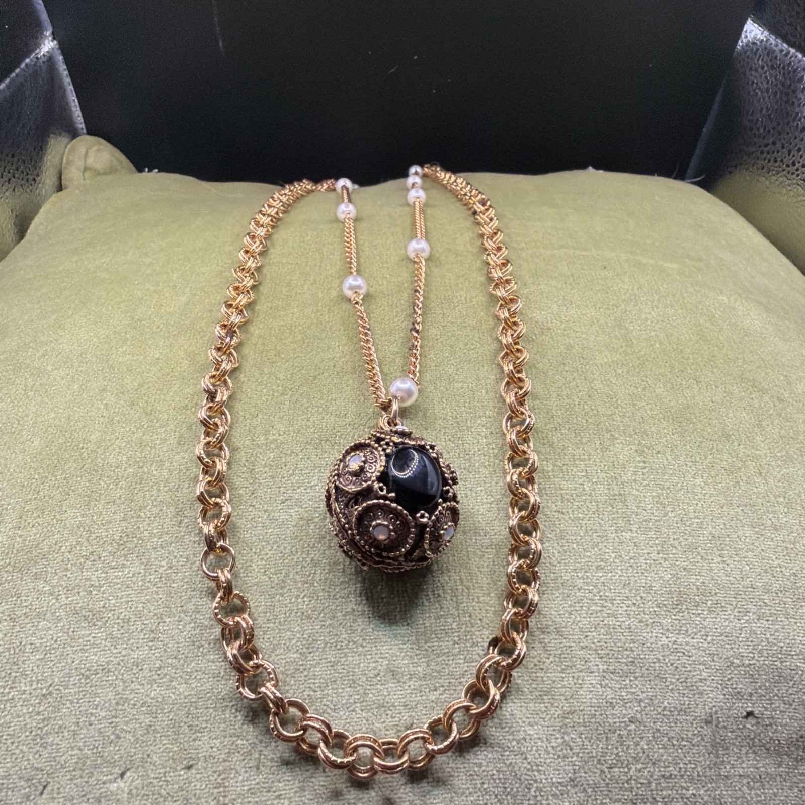 Victorian Revival Black Onyx Cabochon Pearl Station Pendant Necklace Long