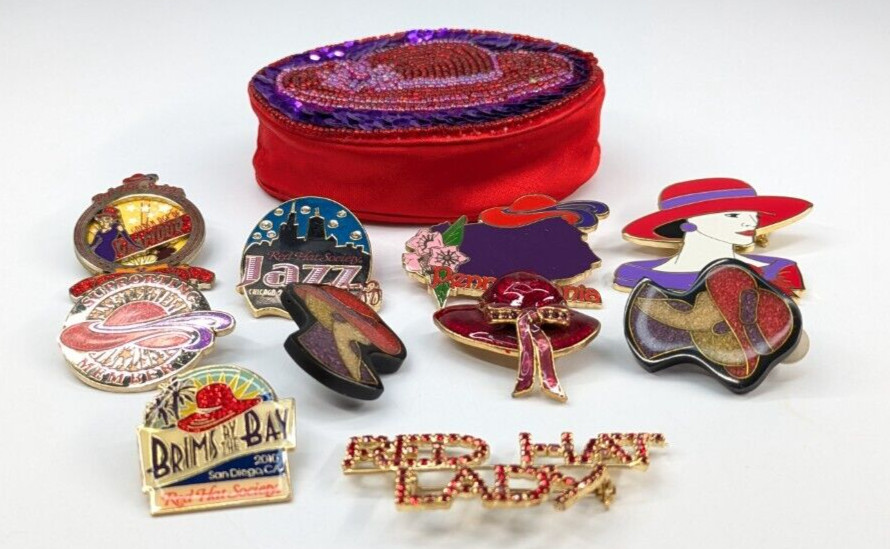 VTG Lot of Red Hat Society Assortment of 10 Brooch Pins Earrings Zipper Pouch