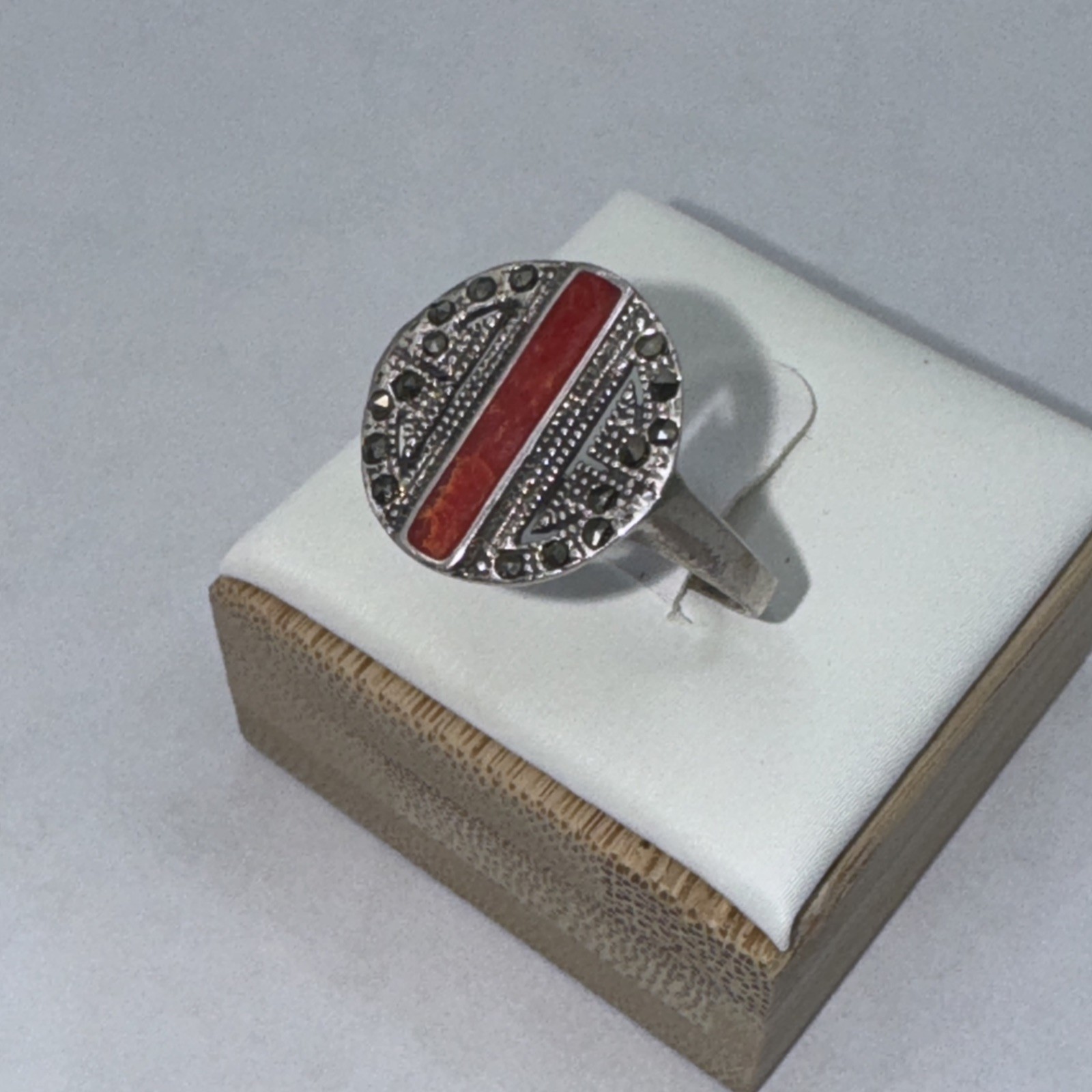Vintage Sterling Silver Coral And Marcasite Ring Sz 7.75