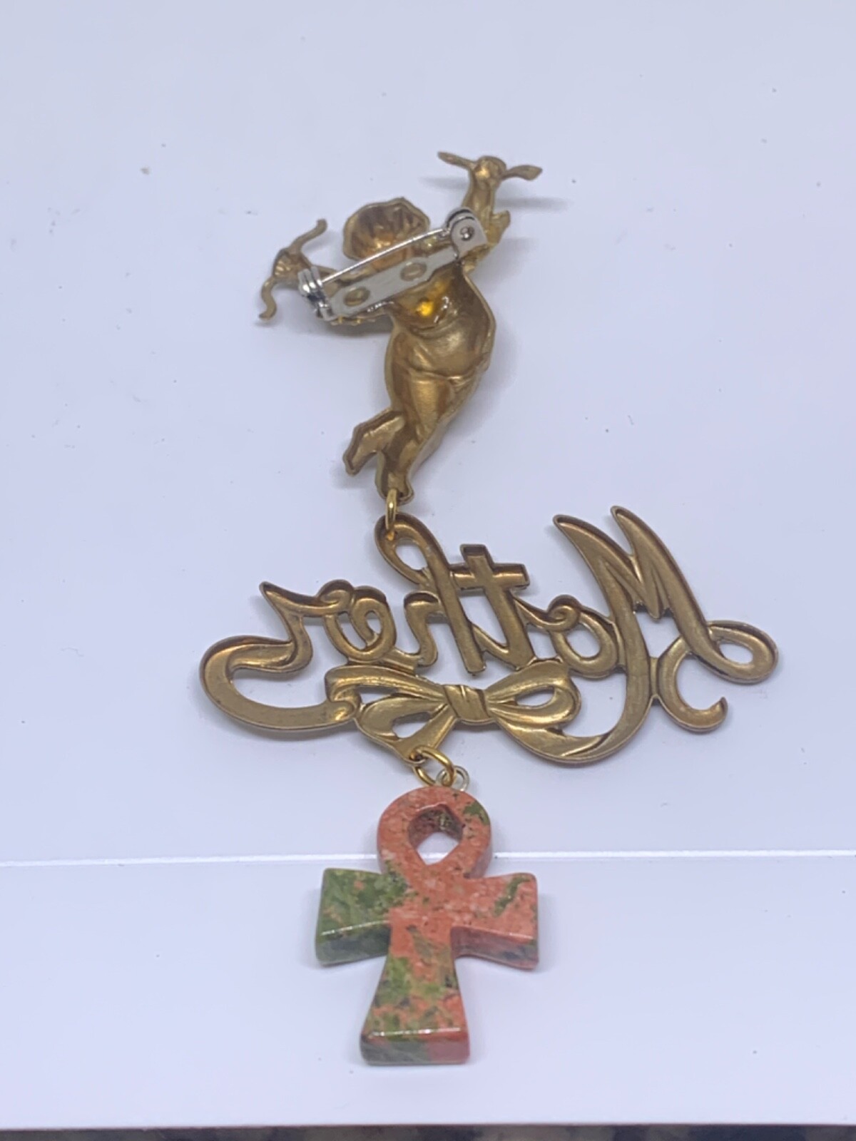 vintage one of a kind mother’s day brooch 3 part angel mother & anka cross