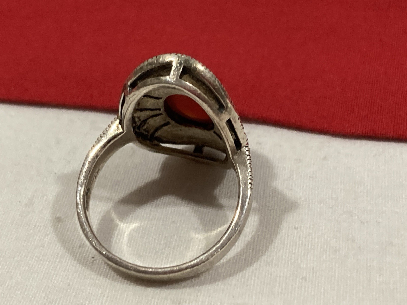 Vintage KL 925 Sterling Silver Carnelian Marcasite Dome Band Ring SIZE 8.75