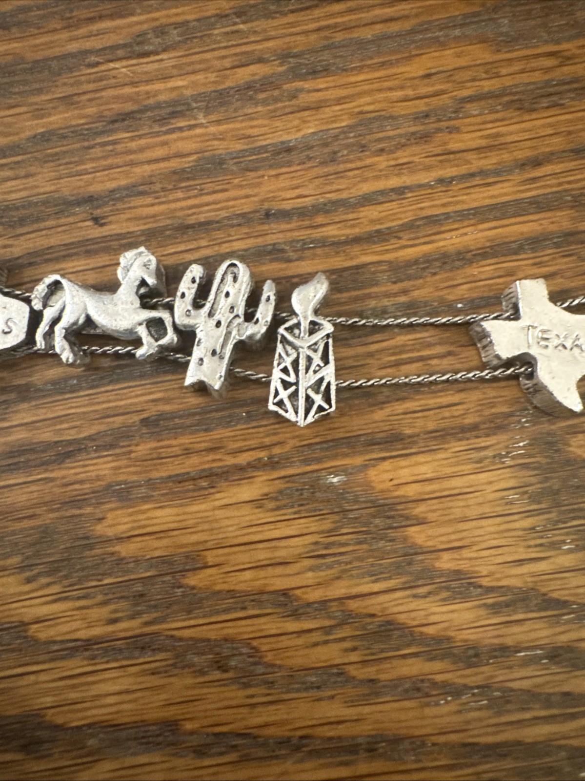 Vtg Charm TEXAS Western CACTUS OIL WELL HORSE SILVER Tone Slide Bracelet TOFA