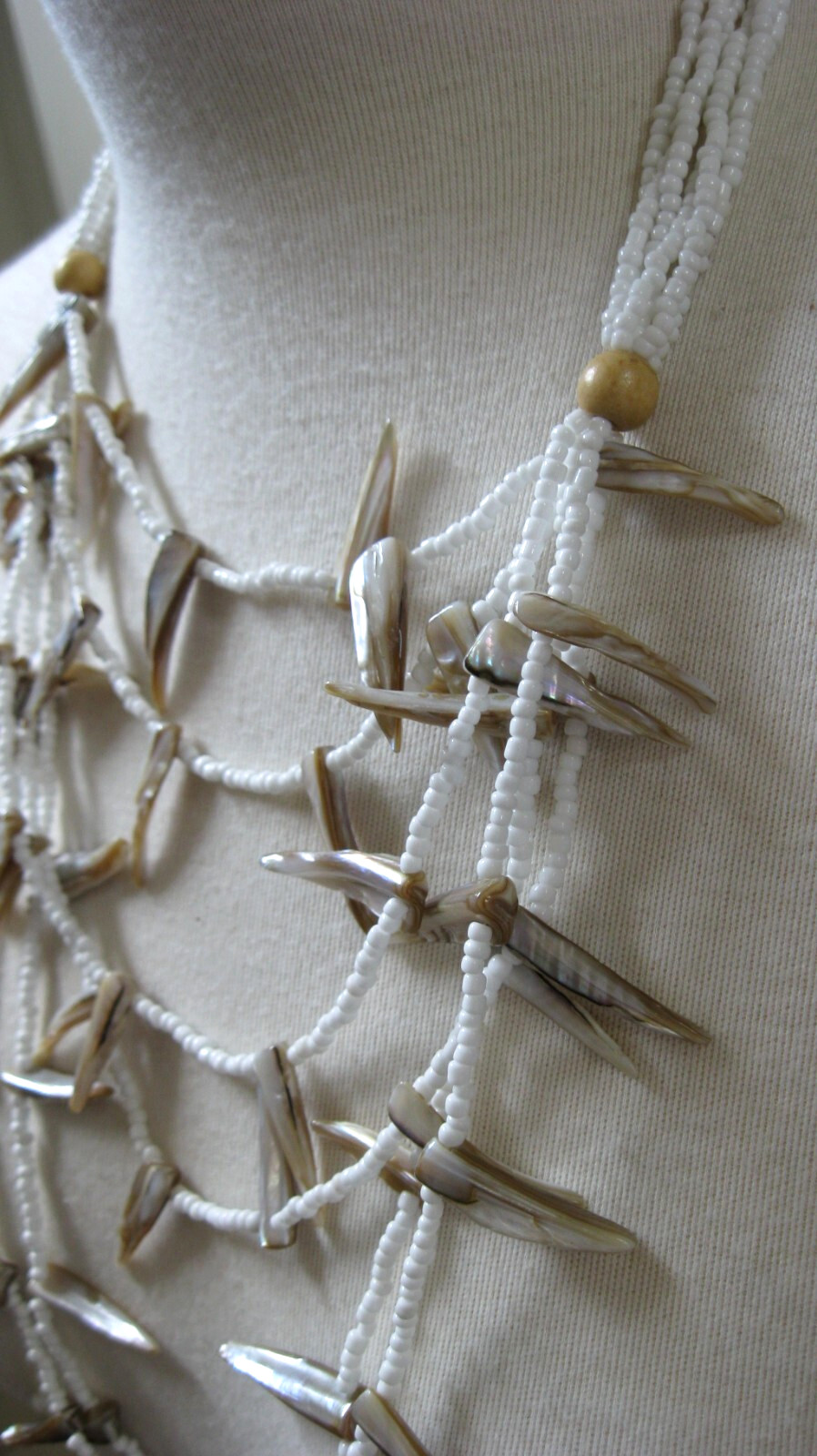 Vintage Multi Strands Necklace Abalone Shell, White Milk Glass & Wooden Beads
