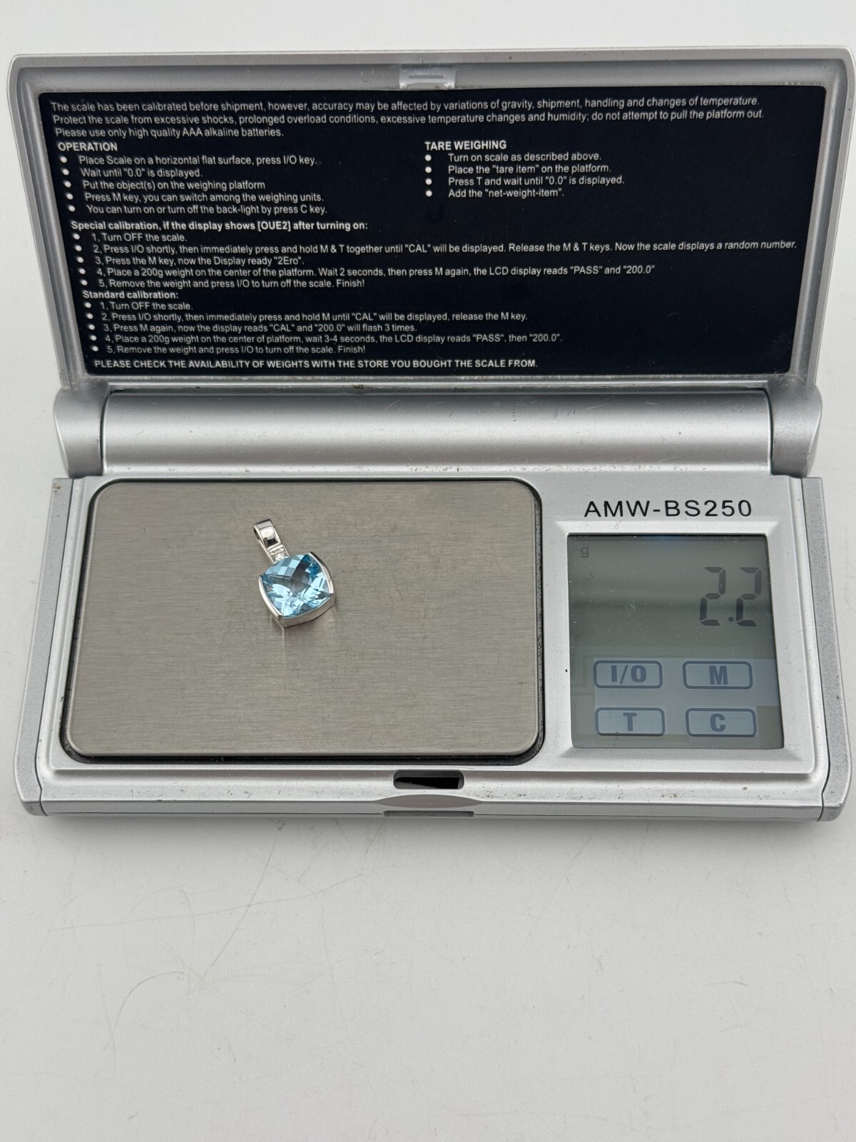 Minimalist Vintage 9 Karat White Gold Blue Topaz & Diamond Pendant