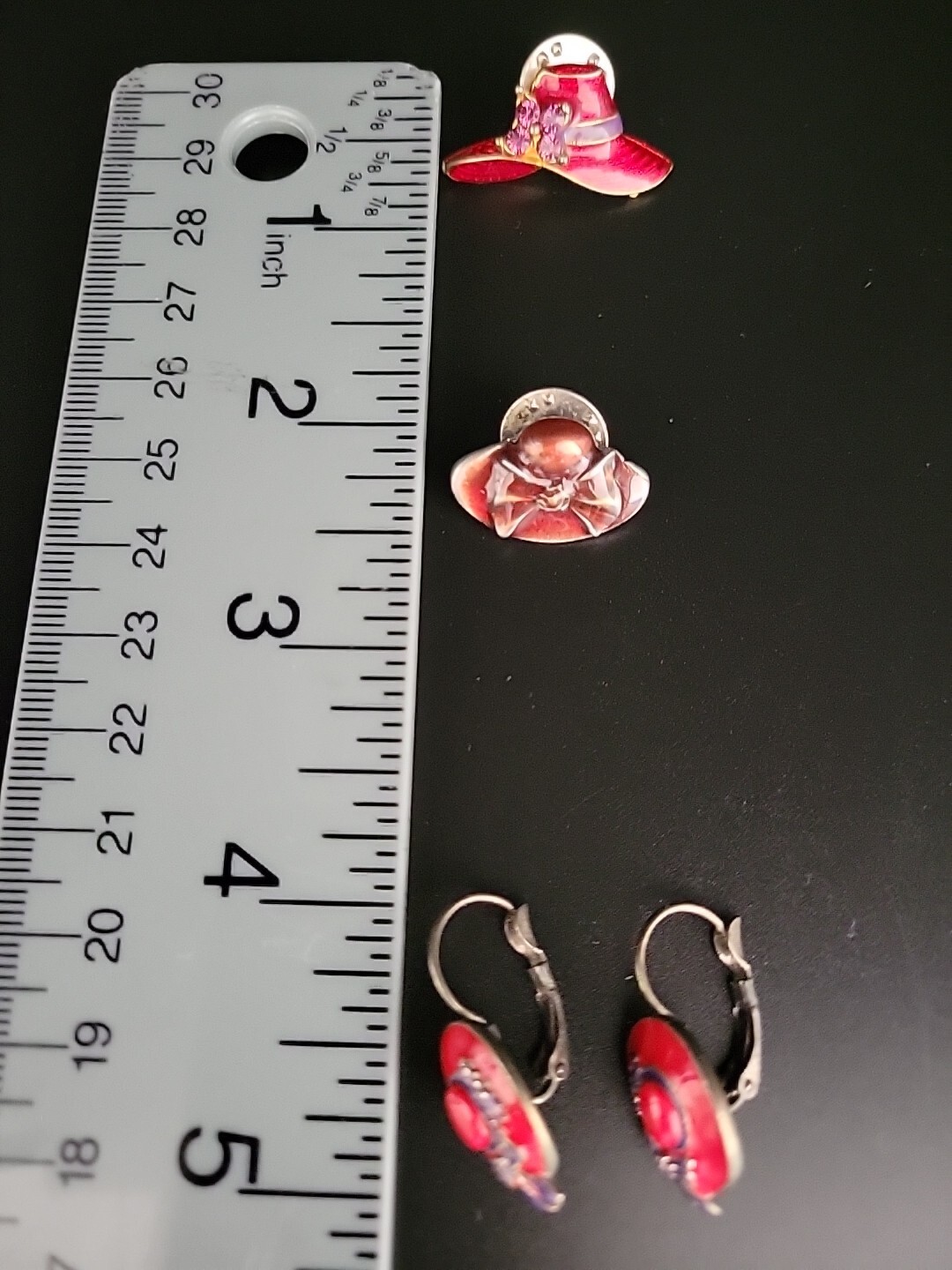 2 Vntg Red Hat Society pins & a pair of pierced earrings